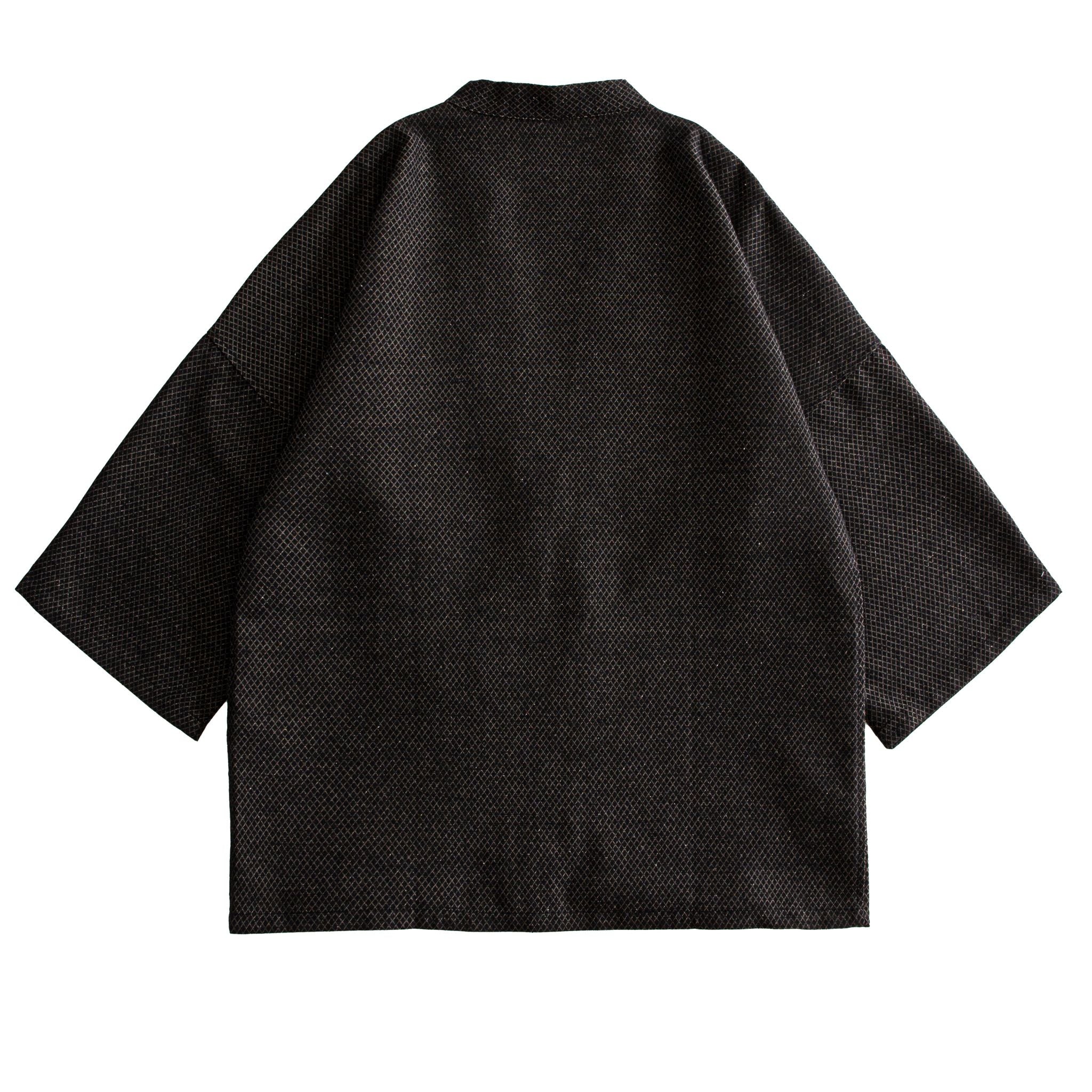 OROMEN Men's Diamond Woven Haori Cardigan in Dark Brown — Cotton Linen Open-Front Kimono Jacket, Back Flat Lay on White Background