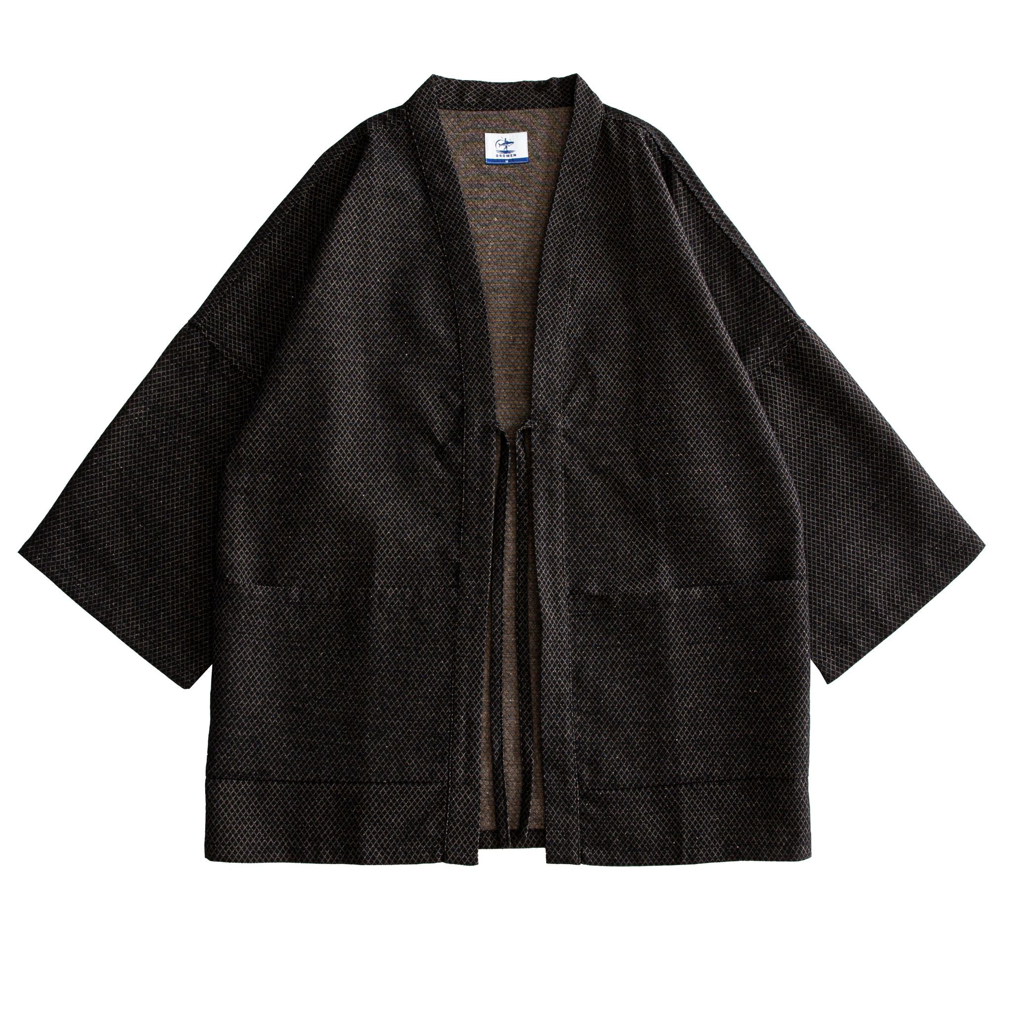 OROMEN Men's Diamond Woven Haori Cardigan in Dark Brown — Cotton Linen Open-Front Kimono Jacket, Front Flat Lay on White Background