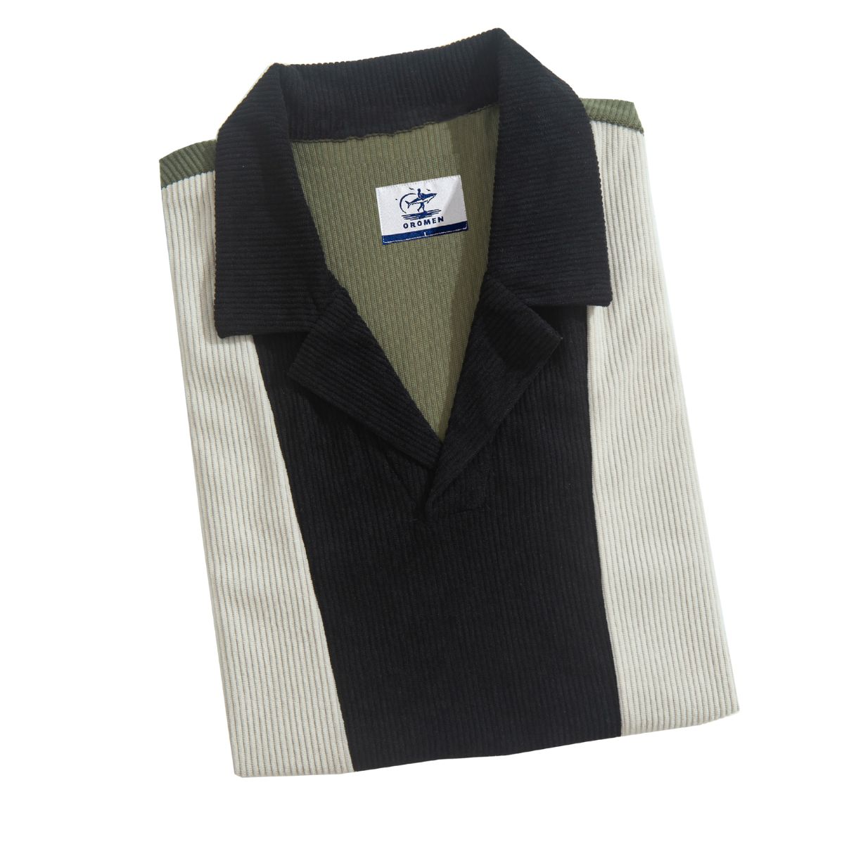 OROMEN Military Green Corduroy Shirt Folded Display – Three-Tone Patchwork