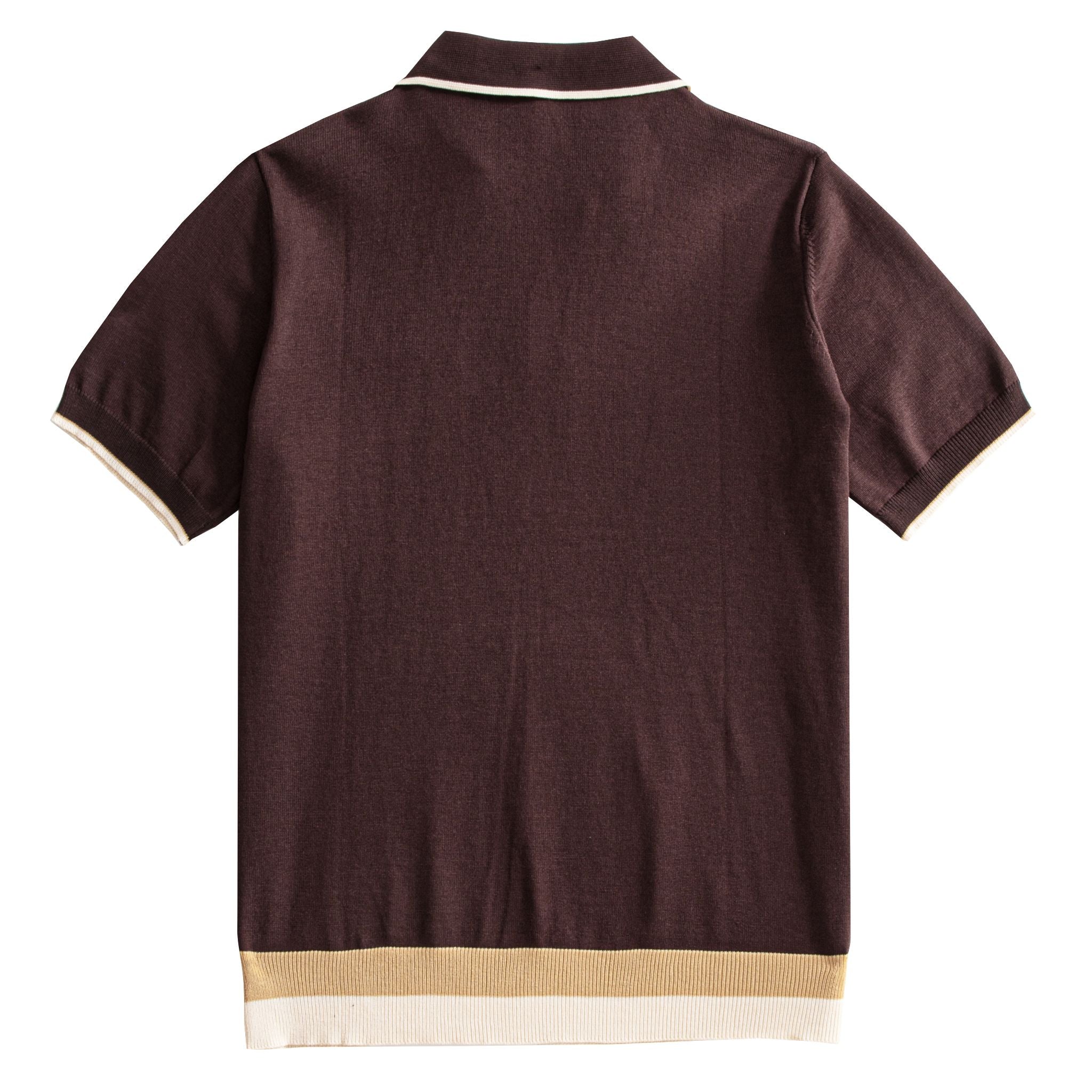 OROMEN chocolate brown color-block knit polo shirt flat lay back view,
tri-color blocked hem, smooth viscose fabric, short sleeve