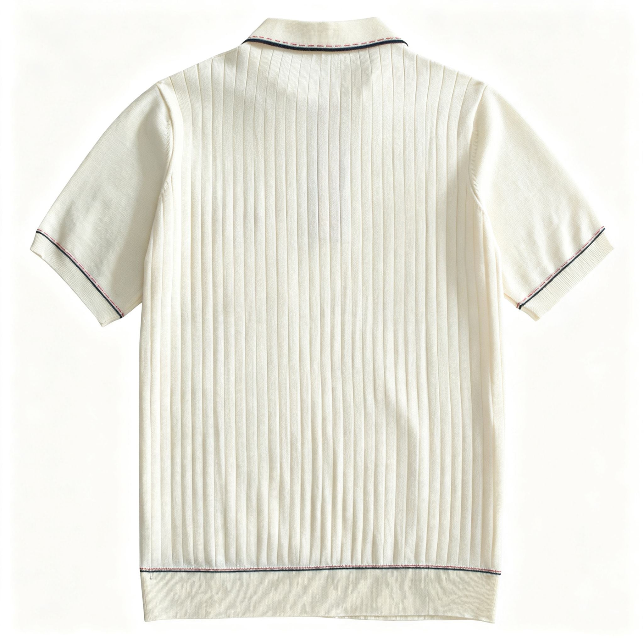 OROMEN cream off-white ribbed knit polo shirt flat lay back view,
fine vertical rib texture, contrast stripe hem detail, short sleeve