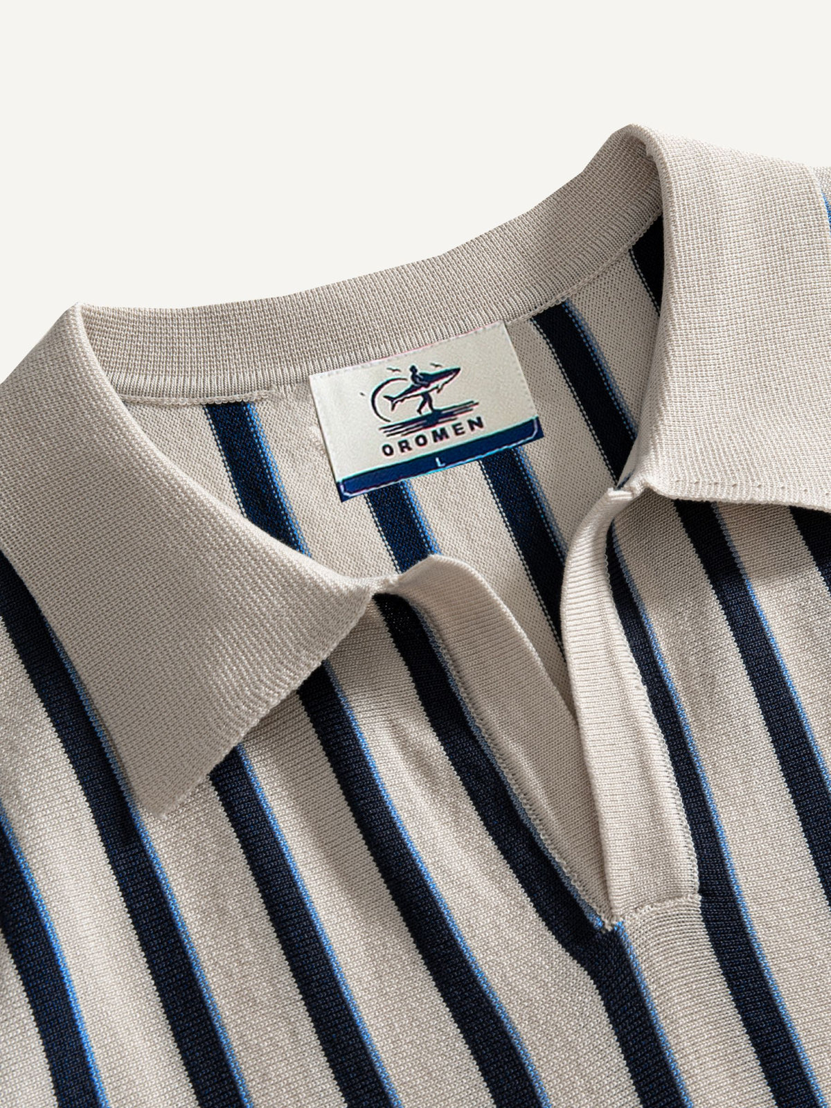 Open-collar neckline detail on OROMEN Stripe Knit Open-Collar Polo