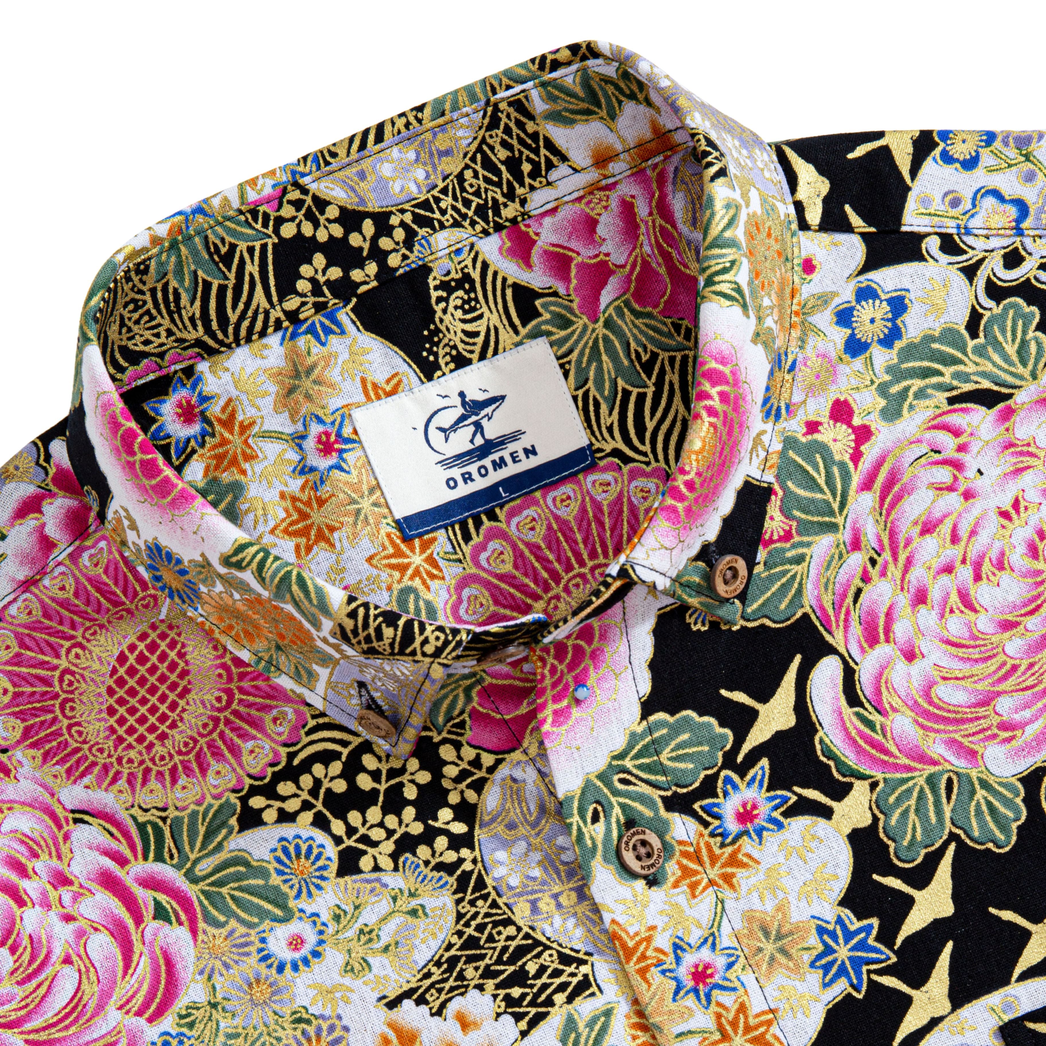 Peony chrysanthemum shirt detail - hand-painted floral design