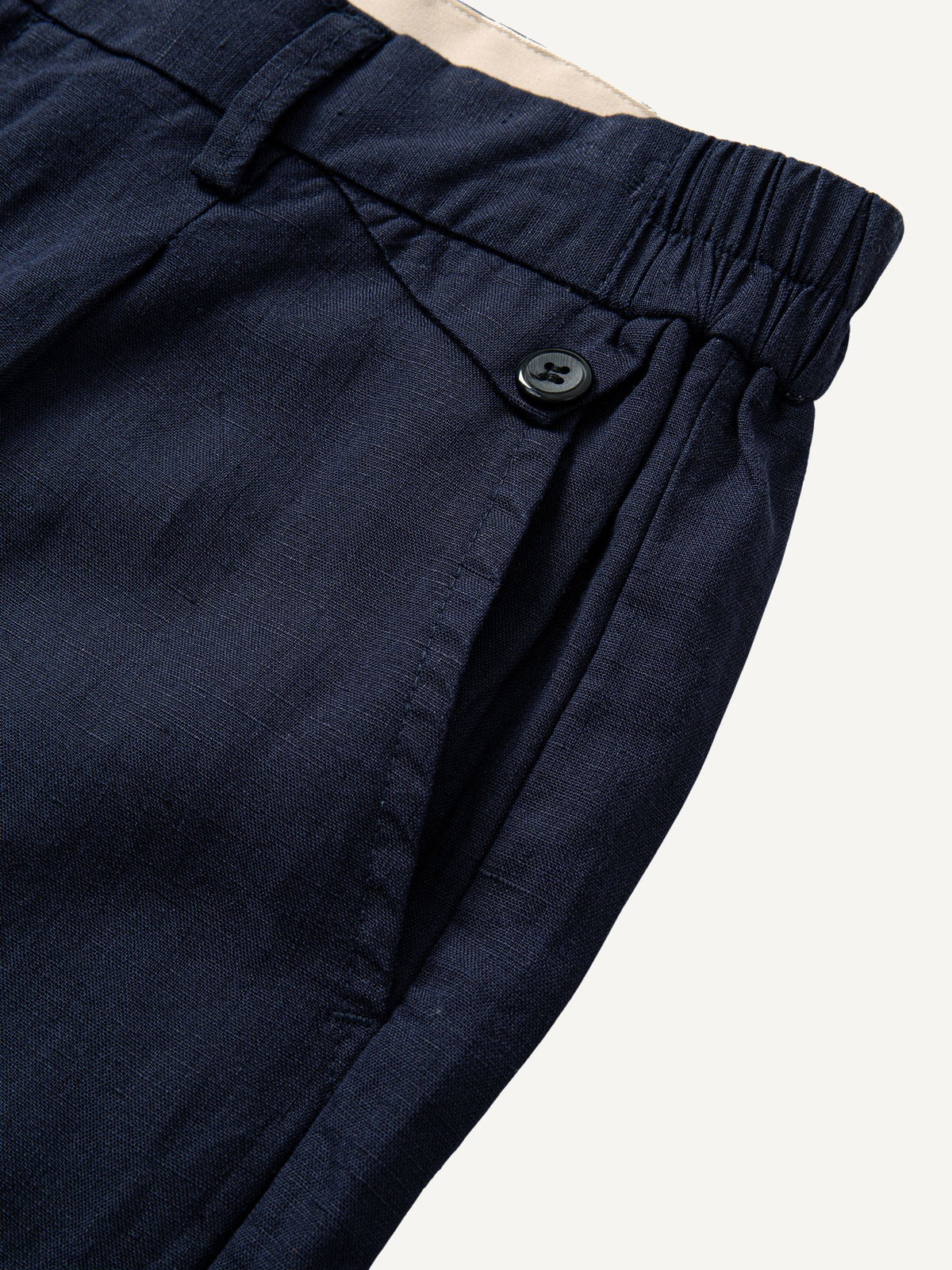 Pocket detail showing coin pocket and side slant pocket on OROMEN Navy Trousers