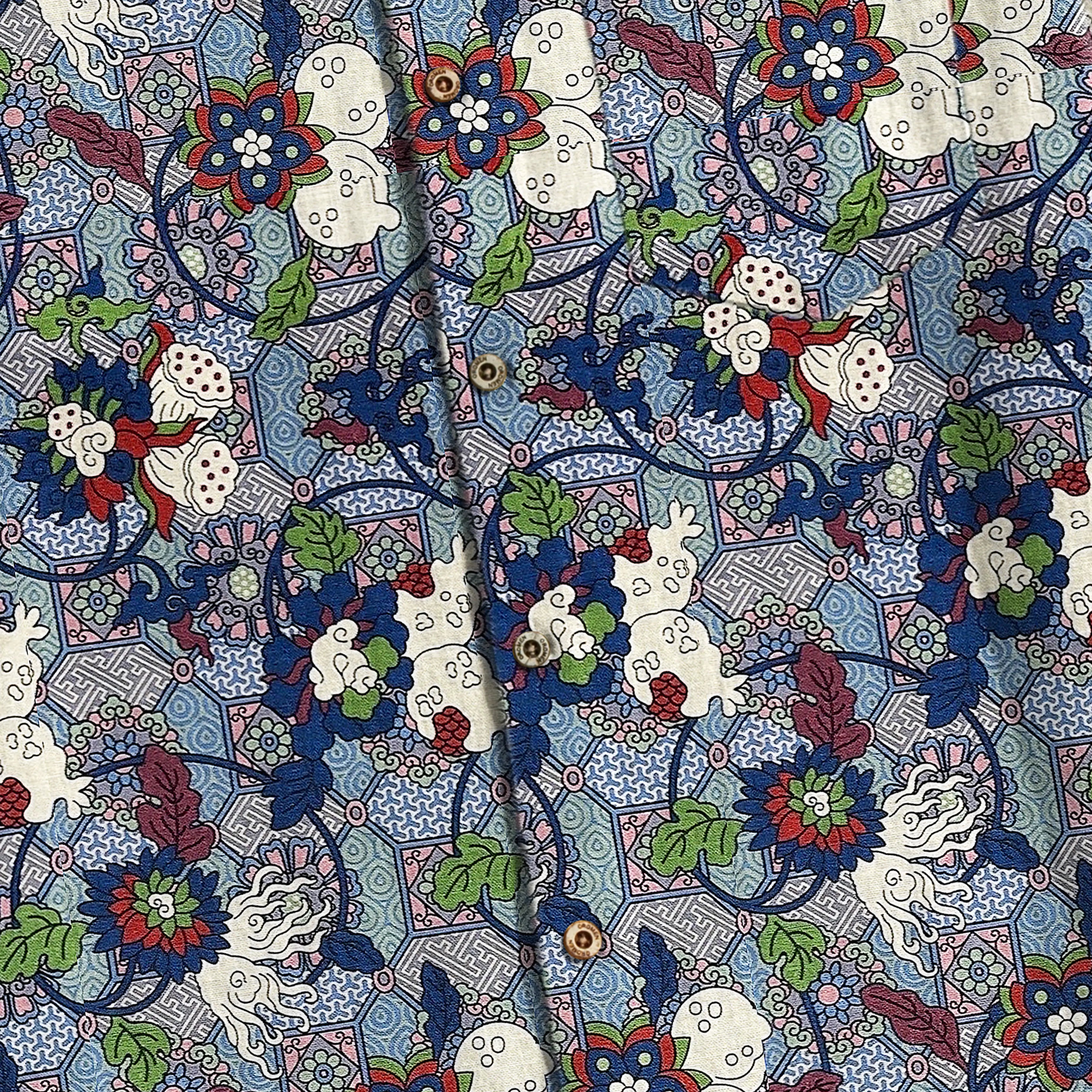 Premium cotton fabric with hand-painted lotus and auspicious cloud pattern close-up