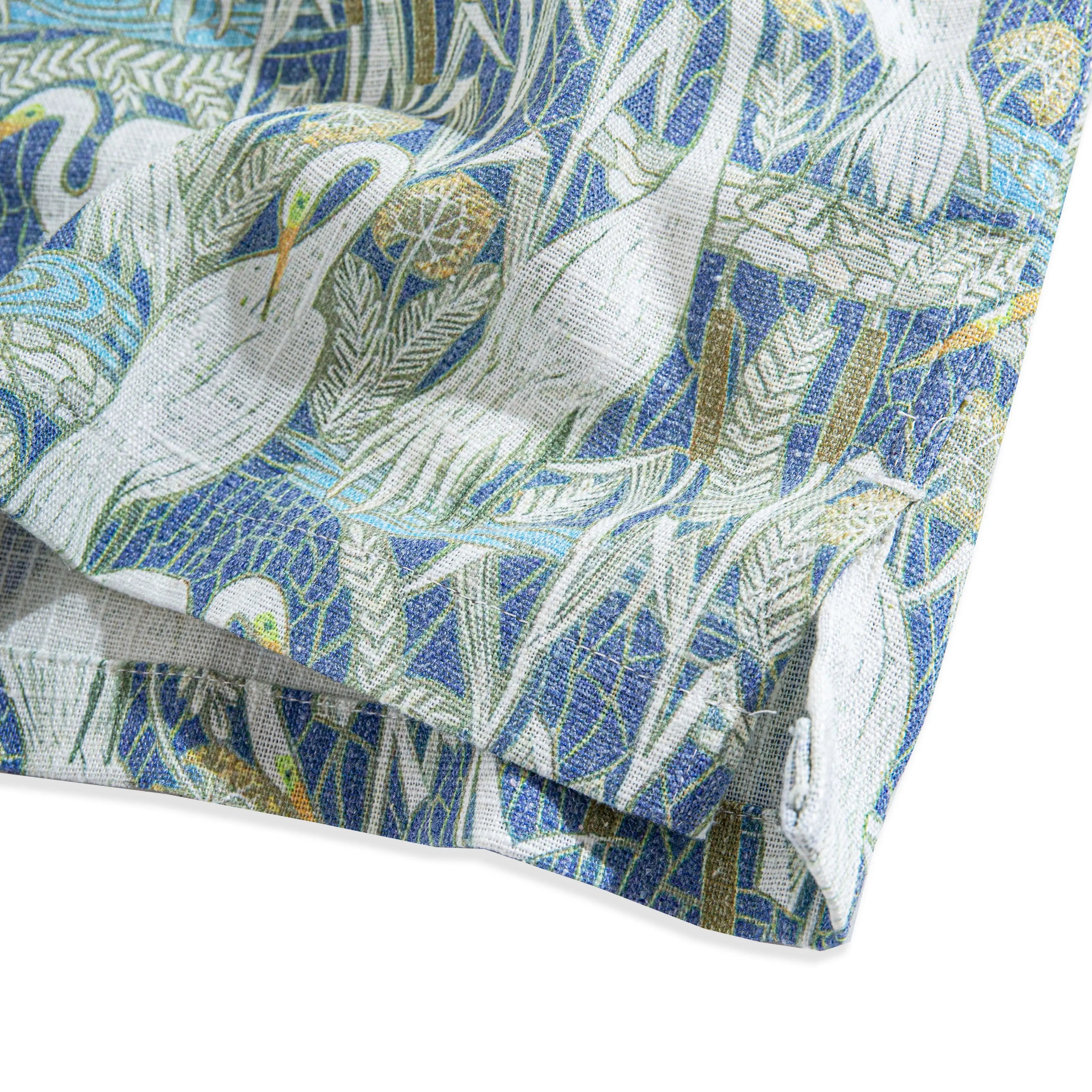 Premium linen fabric with Japanese pine and crane pattern close-up