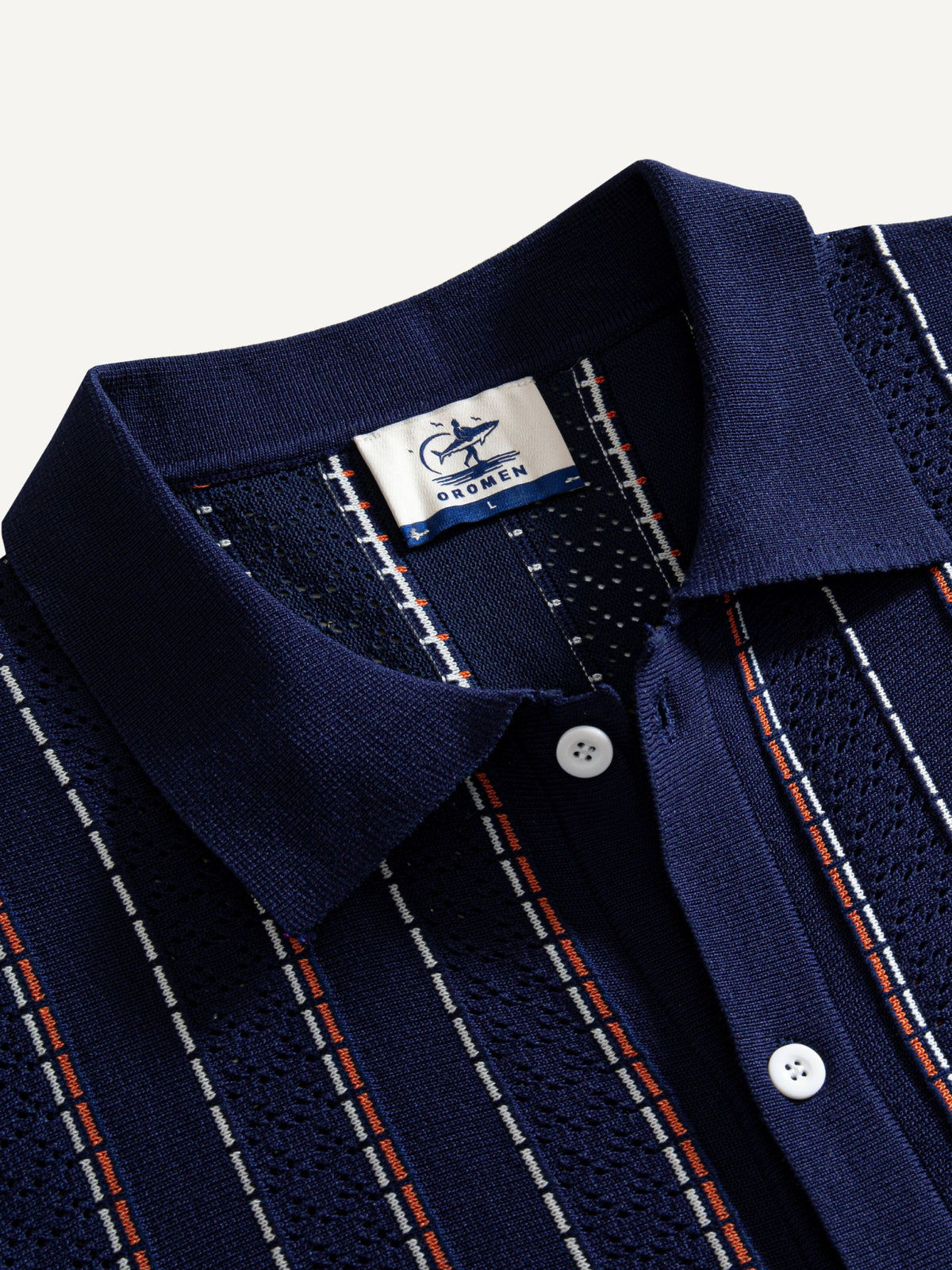 Ribbed collar detail on OROMEN Tally Stripe Open-Knit Shirt