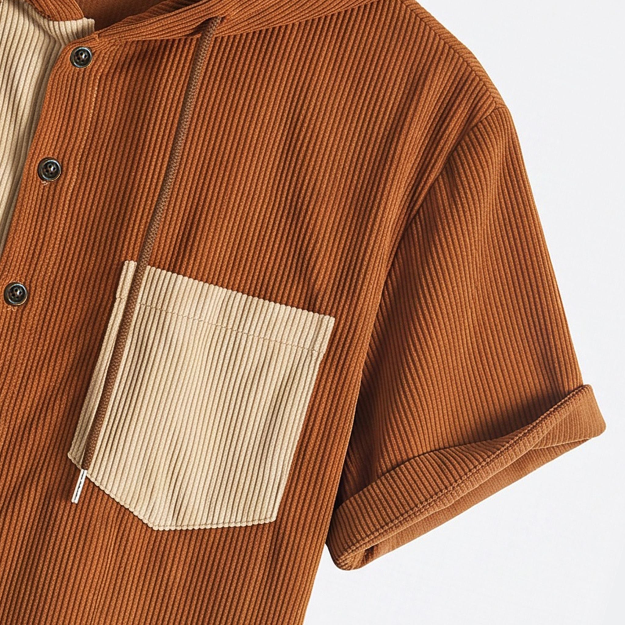 Rolled‑cuff‑detail‑on‑rust‑polyester‑corduroy‑short‑sleeve‑of‑OROMEN‑colorblock‑hooded‑shirt