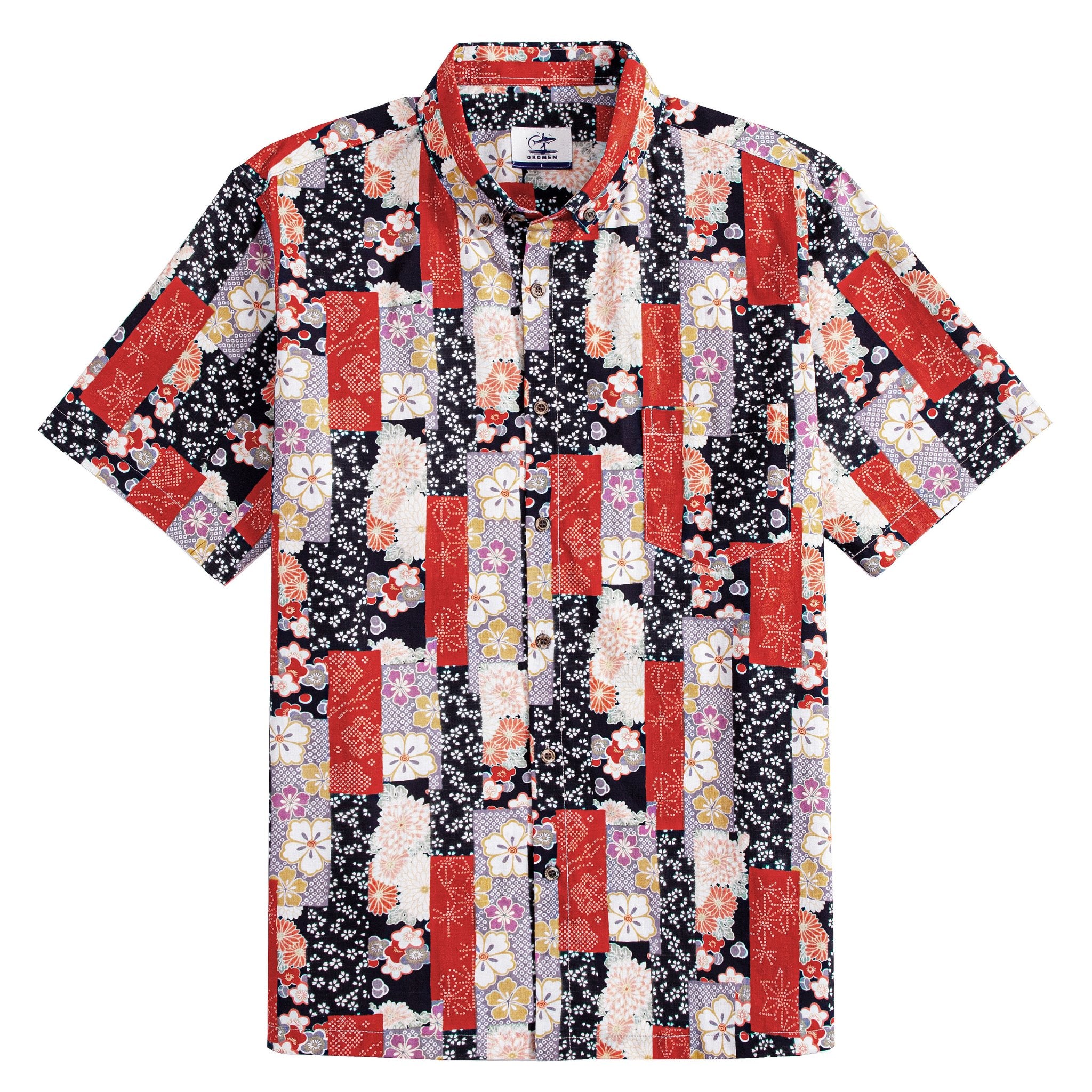Sakura Bokashi Japanese aloha shirt with cherry blossom and asanoha patchwork print in red