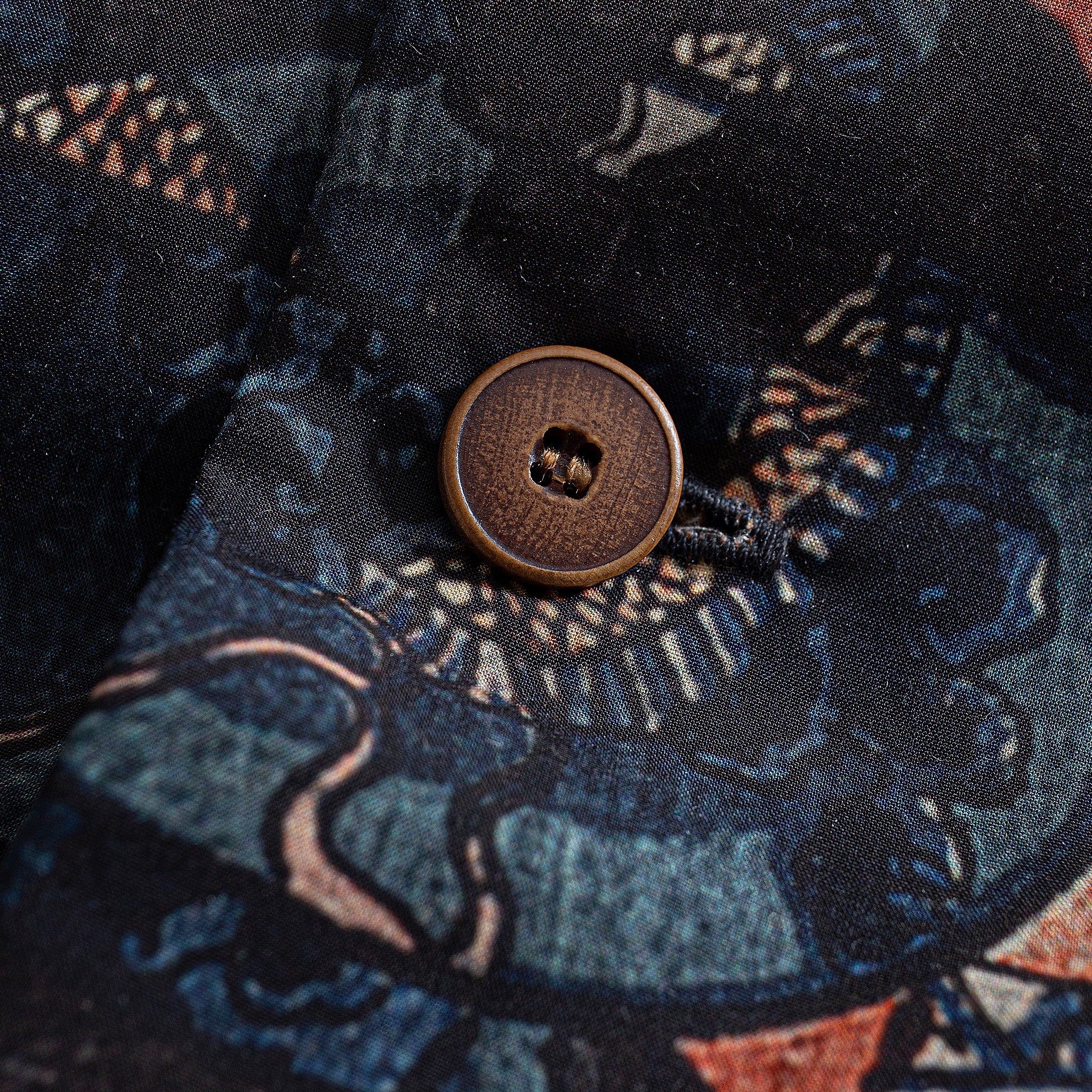 Samurai Chess Board Shirt Detail – Natural Wood Buttons & Print-matched Pocket