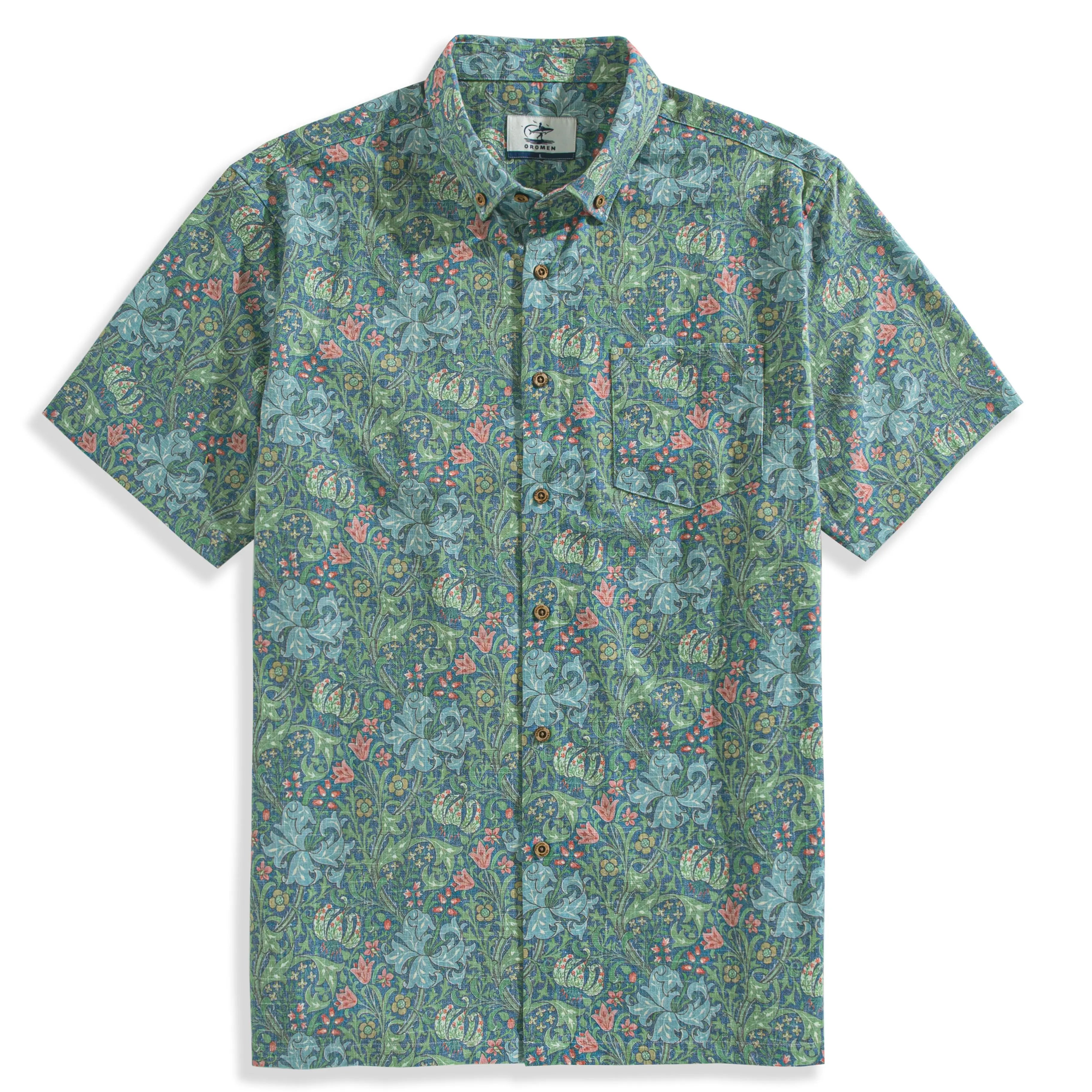 Secret Garden green linen aloha shirt with William Morris inspired floral print