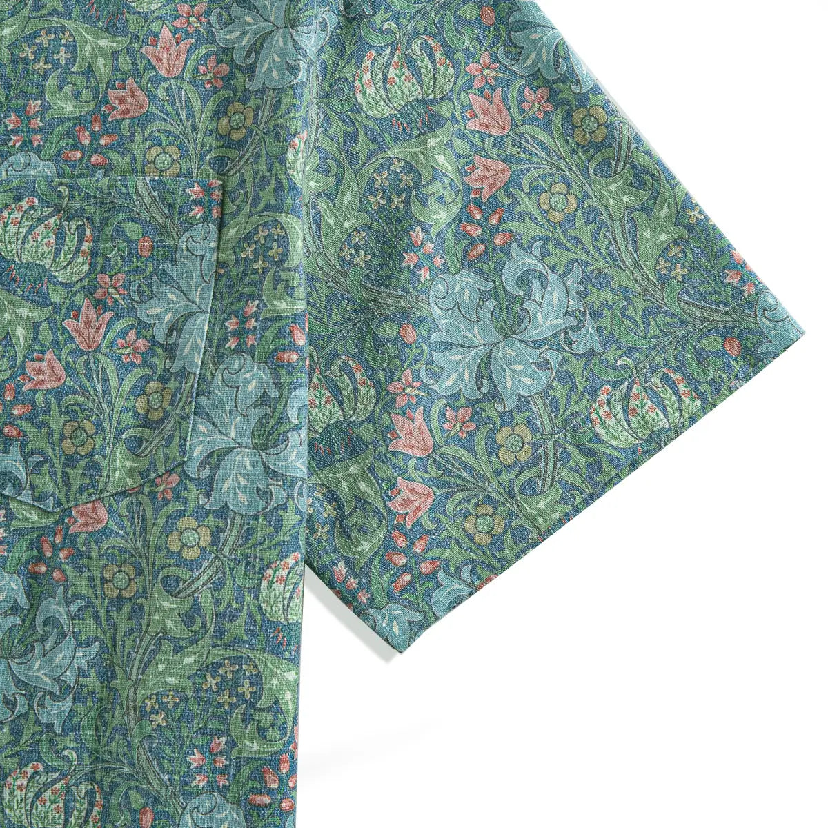 Secret Garden green linen shirt flat lay showing full floral pattern design