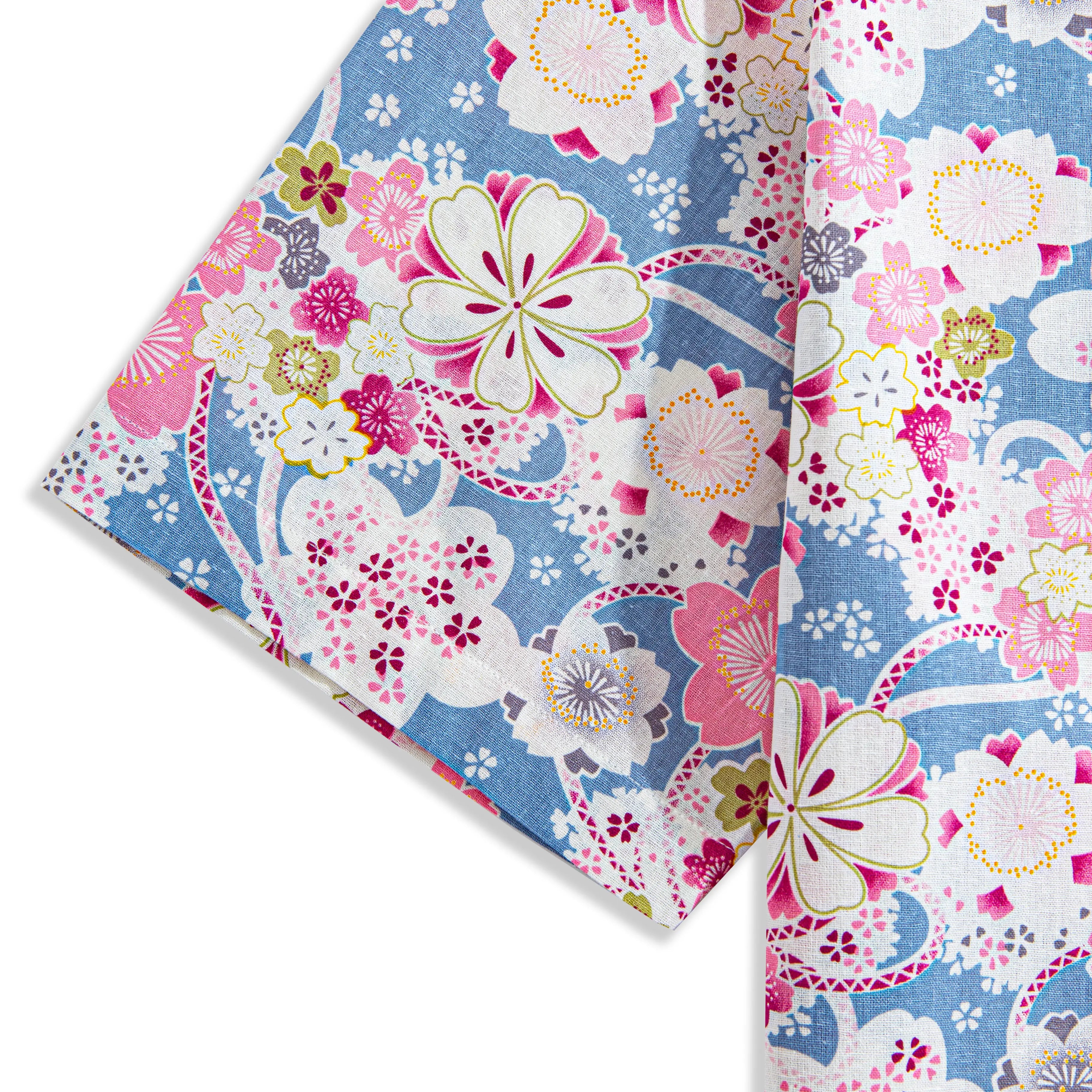 Short sleeve detail of hand-painted sakura temari aloha shirt
