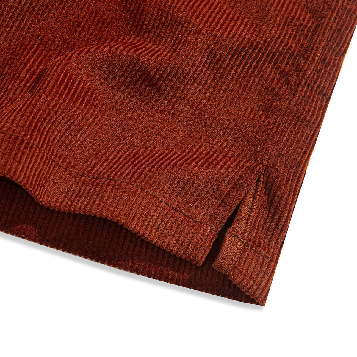 Side Vent and Double Needle Stitching Detail on OROMEN Burgundy Corduroy Shirt