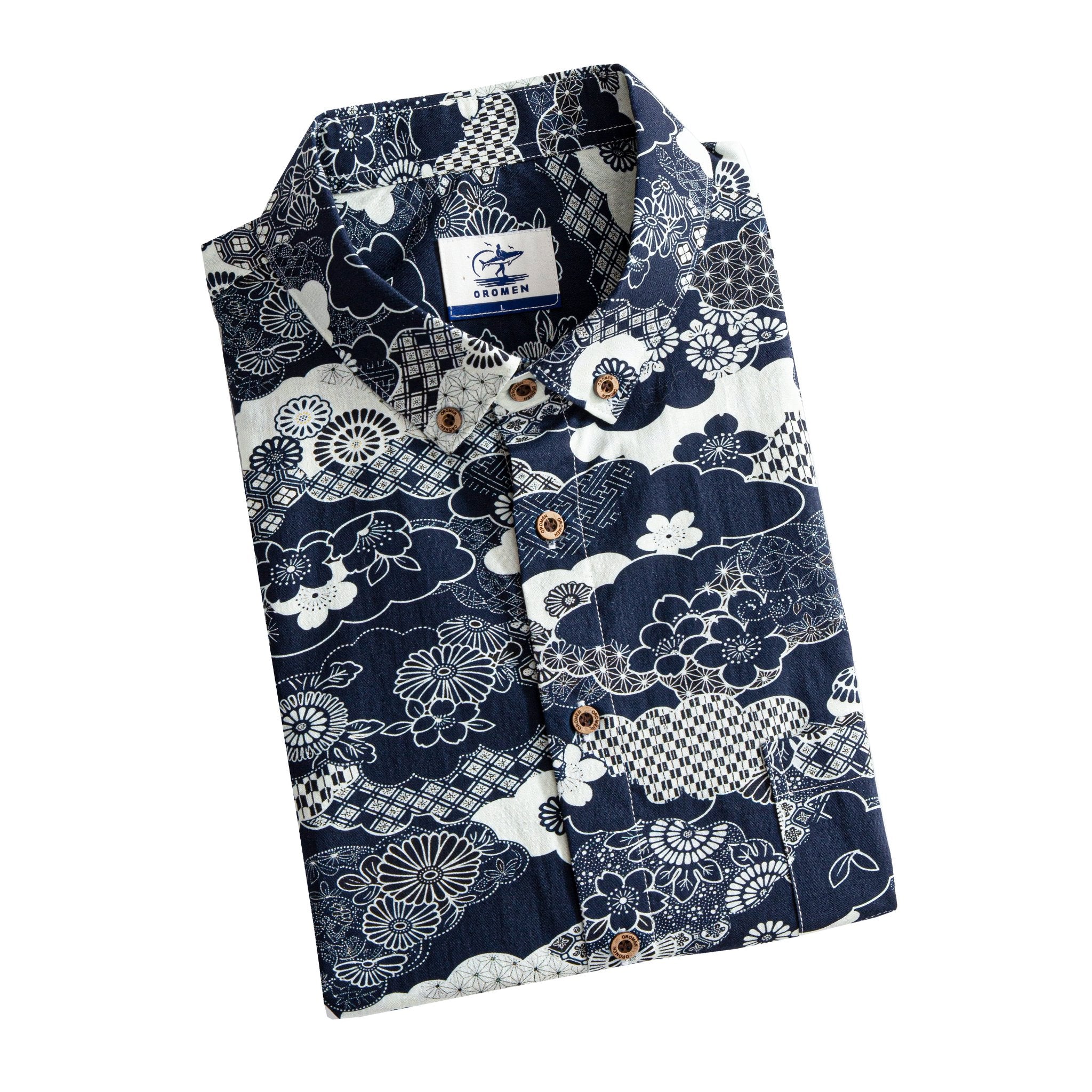 Side view of OROMEN Seigaiha Asanoha Sakura Japanese pattern short sleeve shirt in Navy