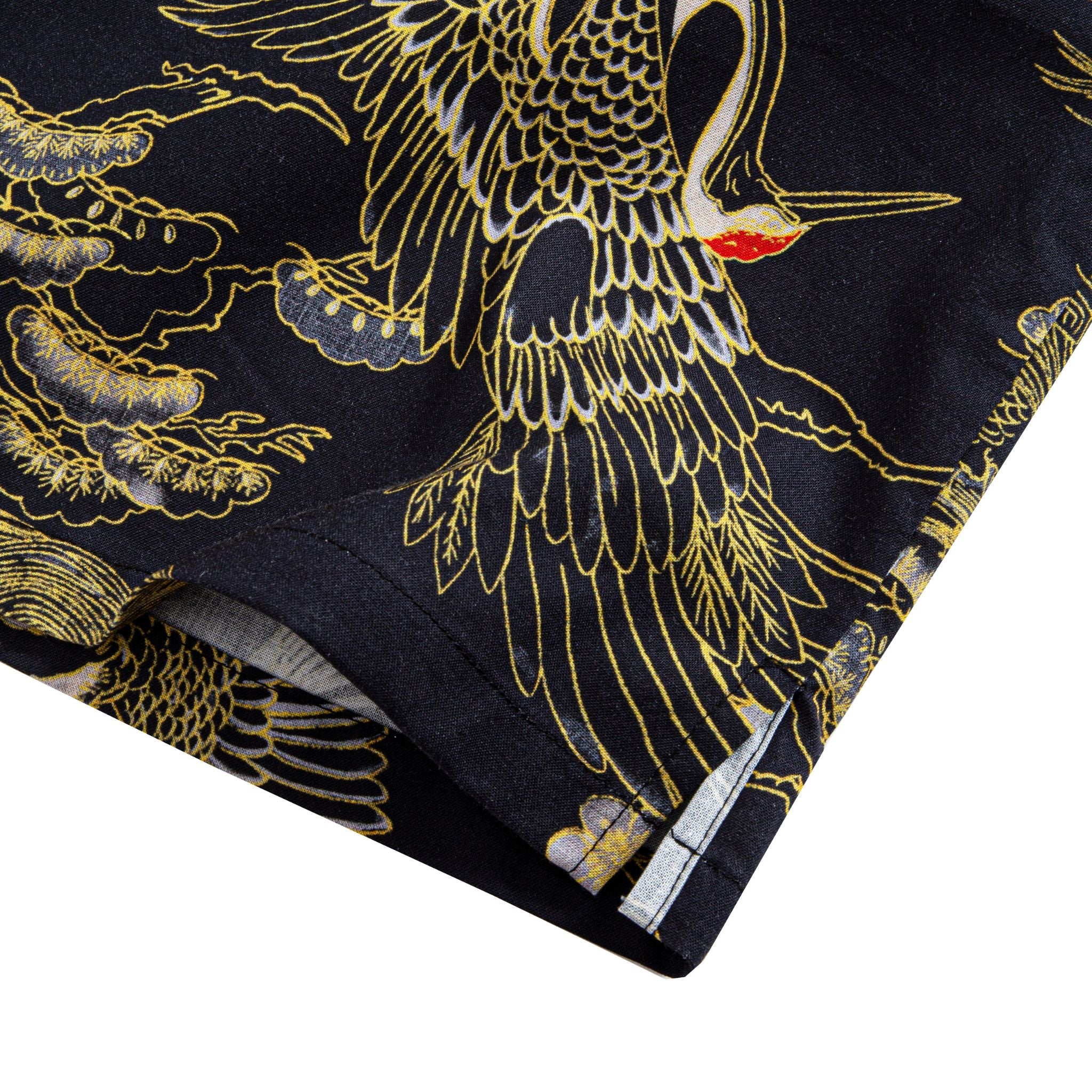 Side view of crane print shirt showing double needle stitching craftsmanship