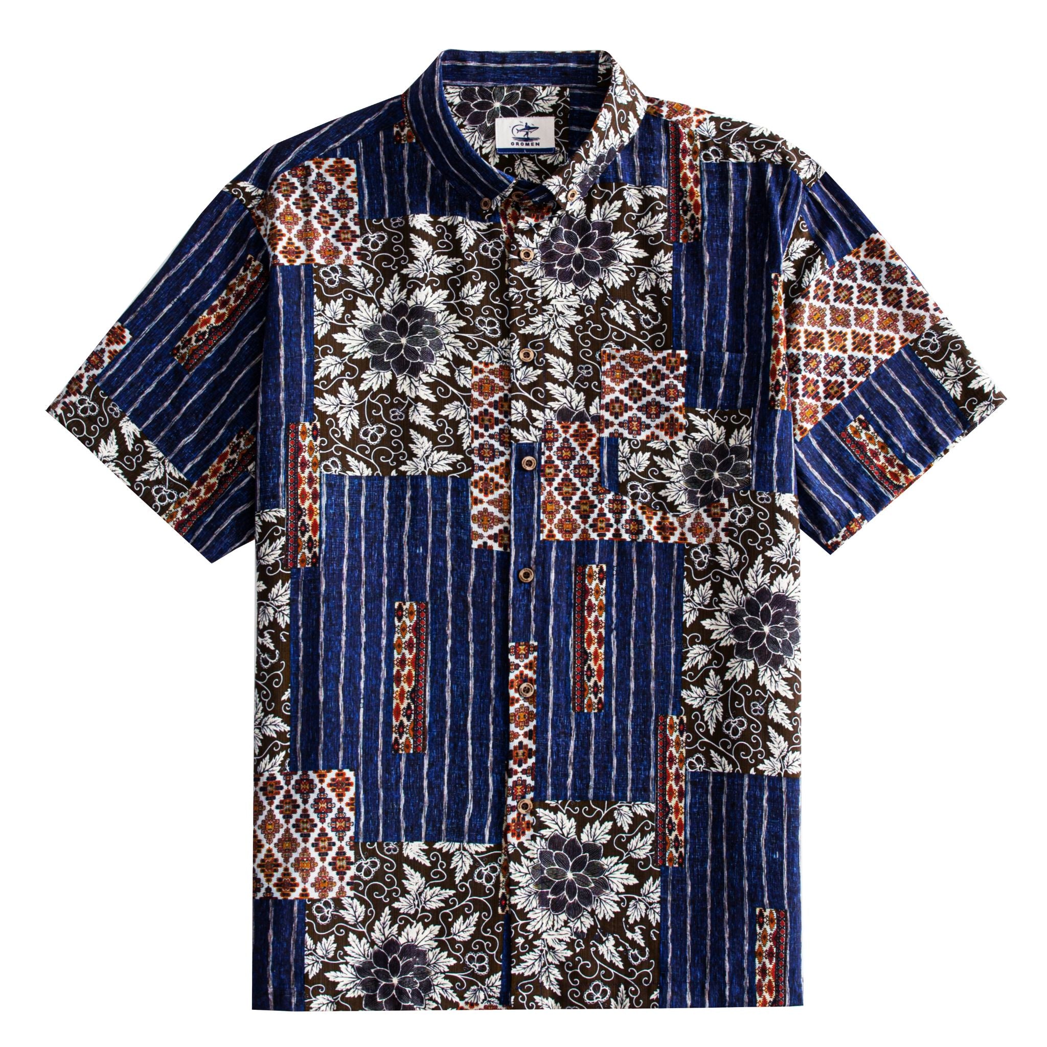 Silk Road Patchwork Hawaiian shirt front flat lay showing full patchwork block layout with indigo ikat stripes, dark brown florals and ethnic geometric panels