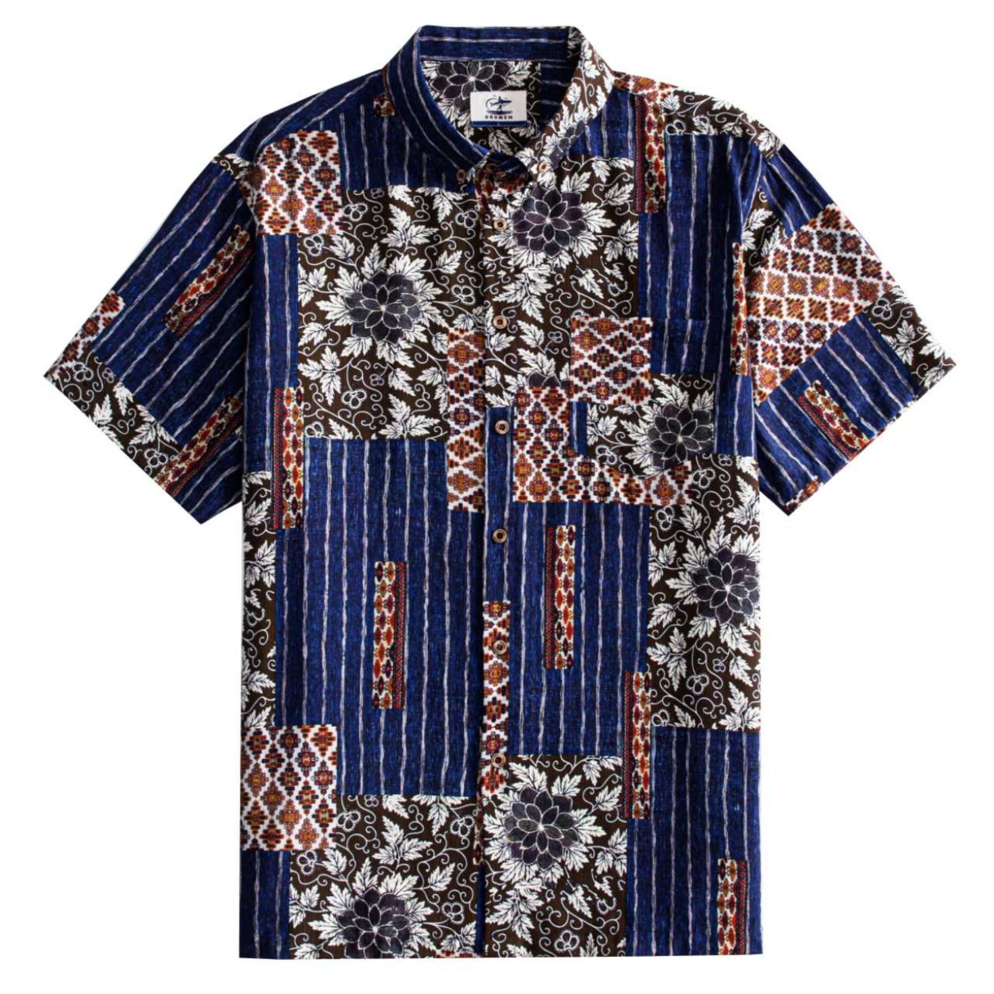 Silk Road Patchwork Hawaiian shirt front flat lay showing full patchwork block layout with indigo ikat stripes, dark brown florals and ethnic geometric panels