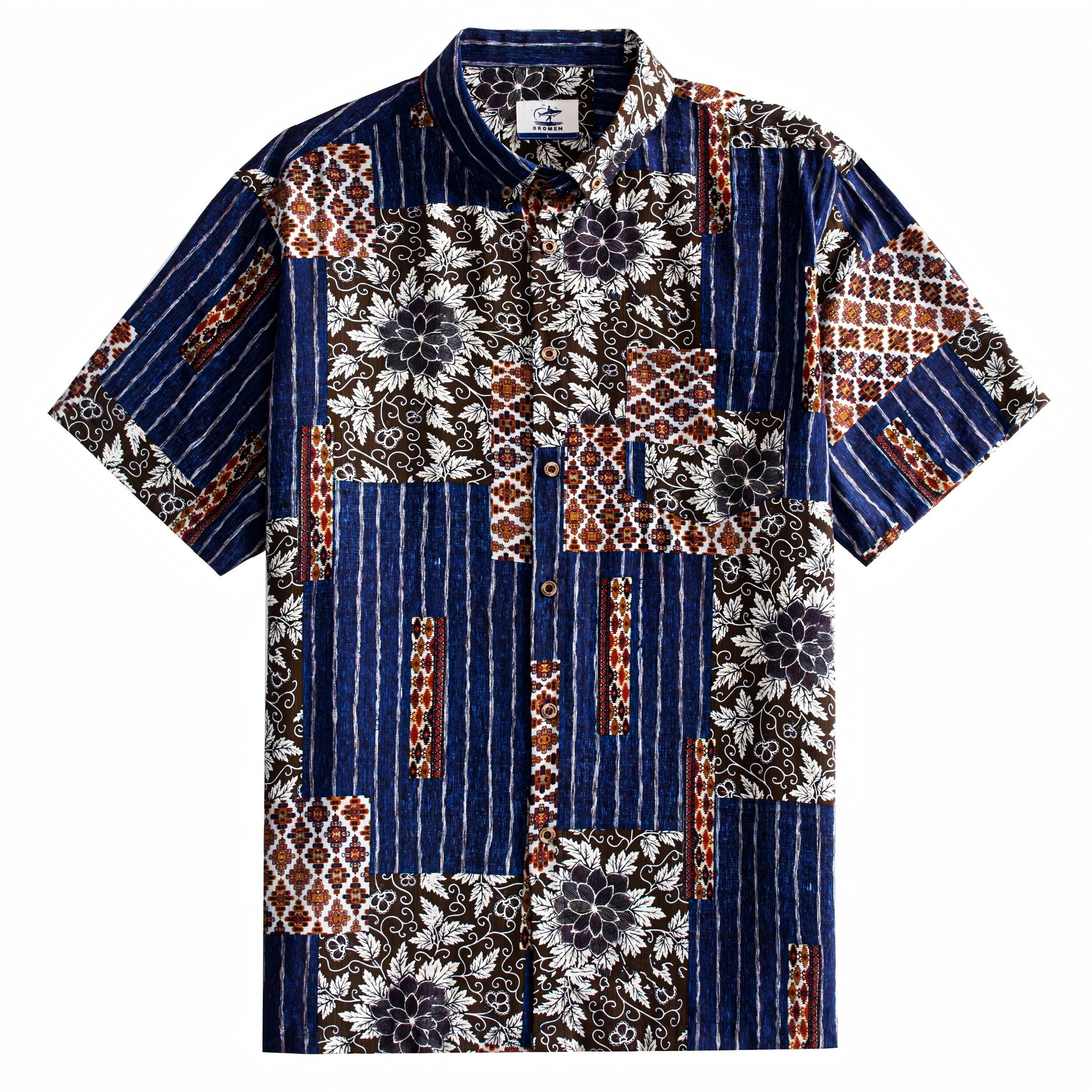 Silk Road Patchwork Hawaiian shirt front flat lay showing full patchwork block layout with indigo ikat stripes, dark brown florals and ethnic geometric panels