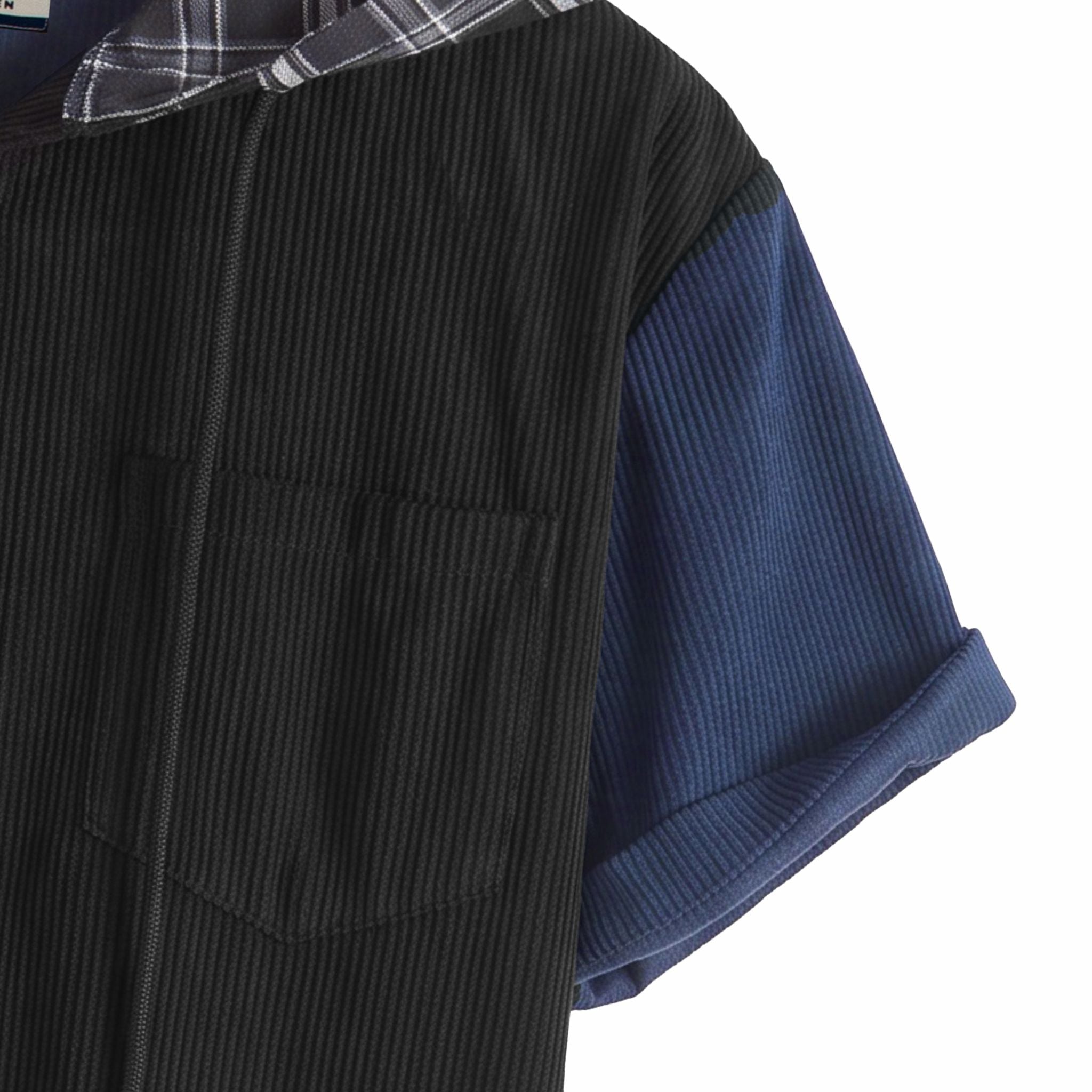 Single chest pocket and rolled cuff detail on black corduroy panel of OROMEN colorblock hooded shirt