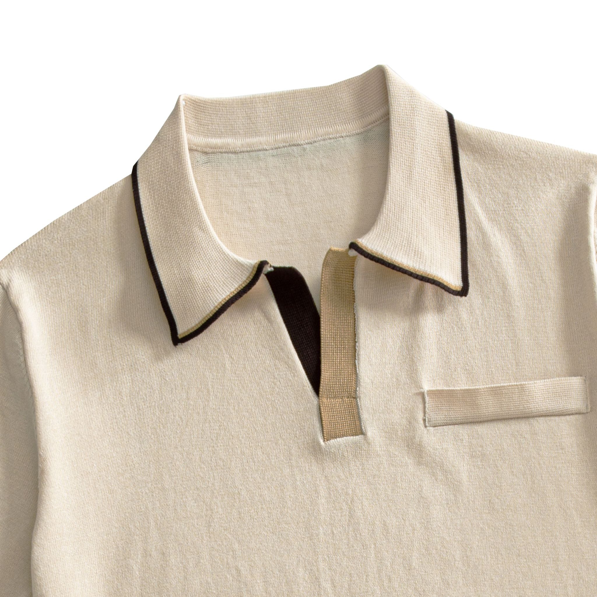 Spread collar detail with dark brown contrast tipping on men's cream knit polo shirt – OROMEN