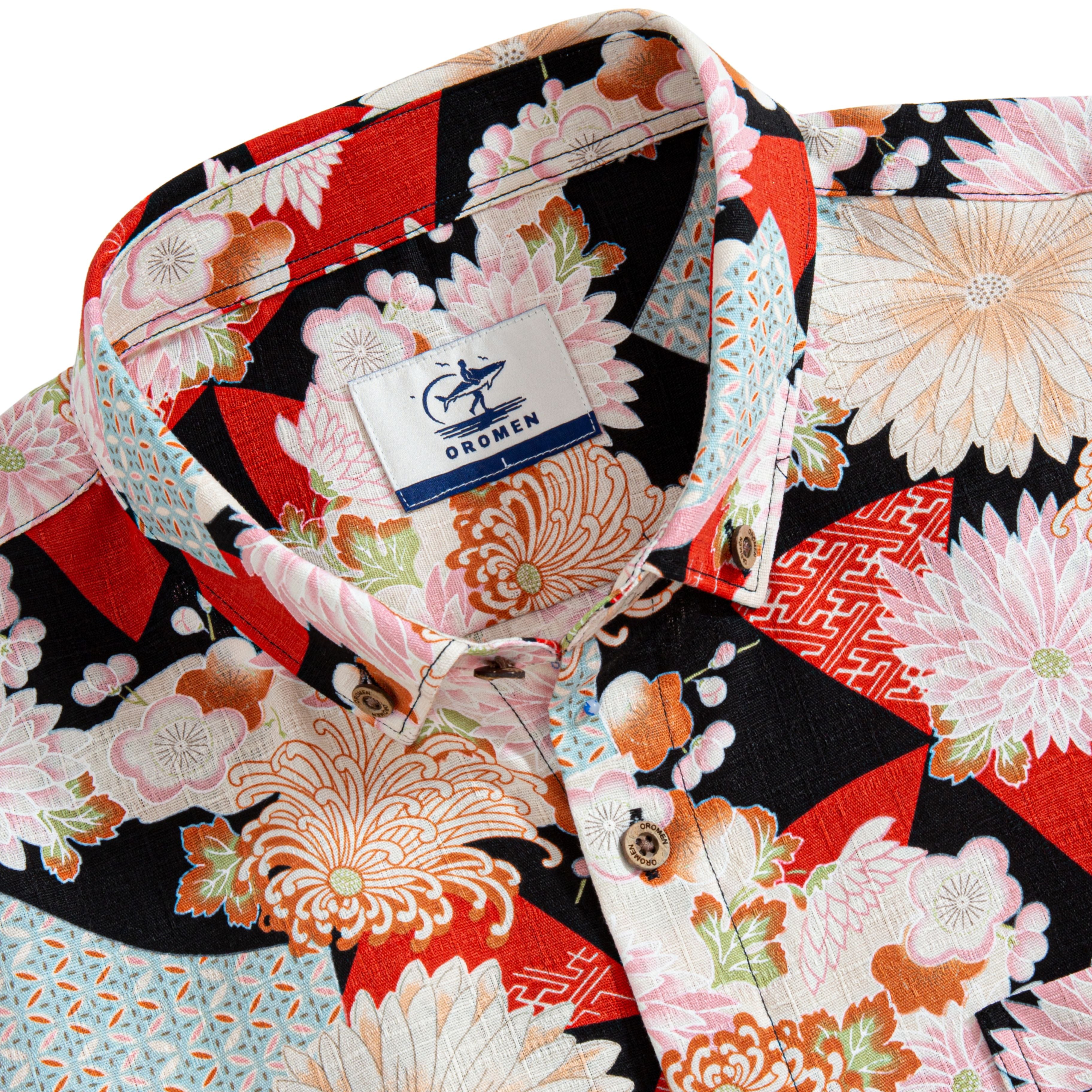 Taisho chrysanthemum shirt detail - hand-painted floral design
