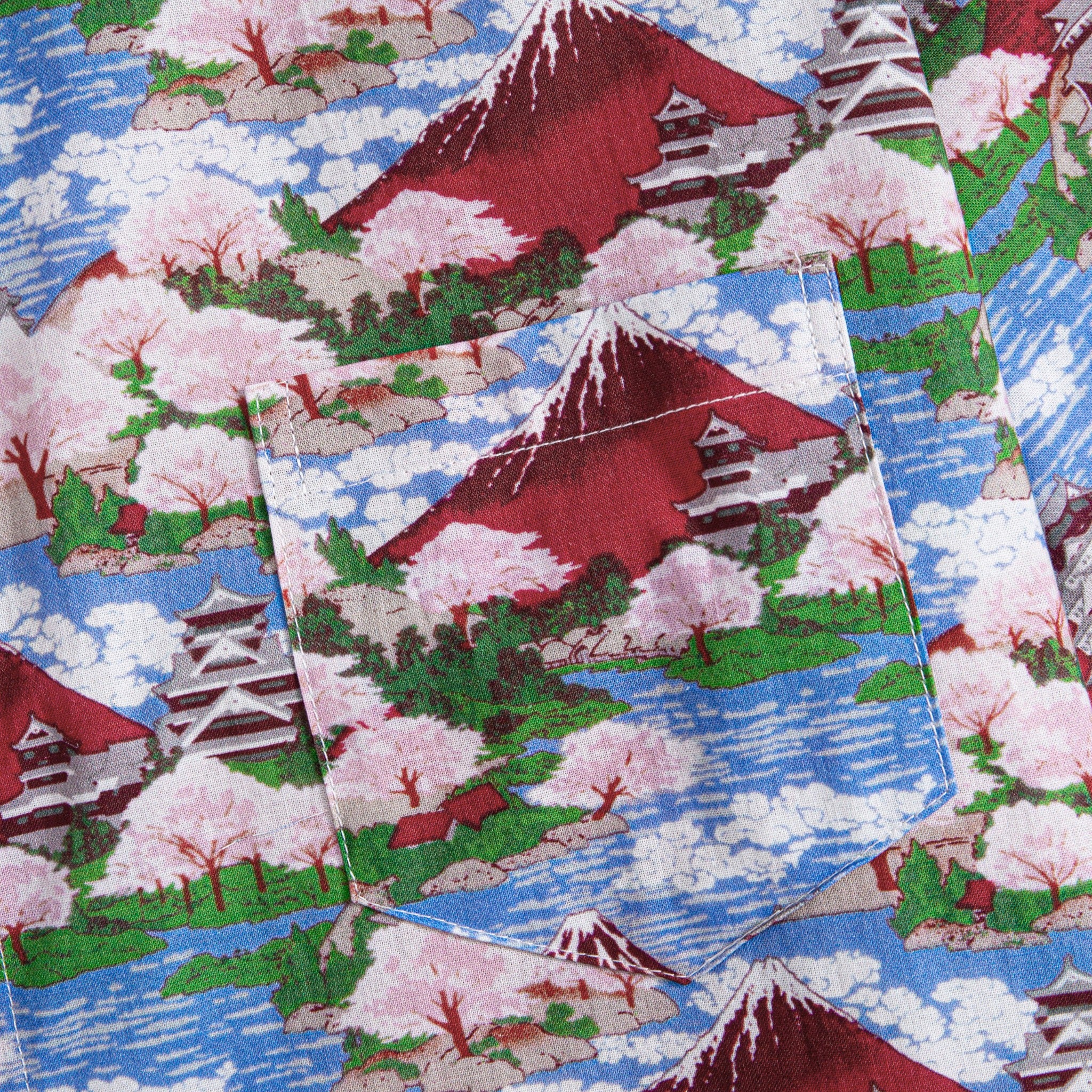 Traditional Japanese Ukiyo-e art pattern with Mount Fuji castle and waterways on cotton fabric