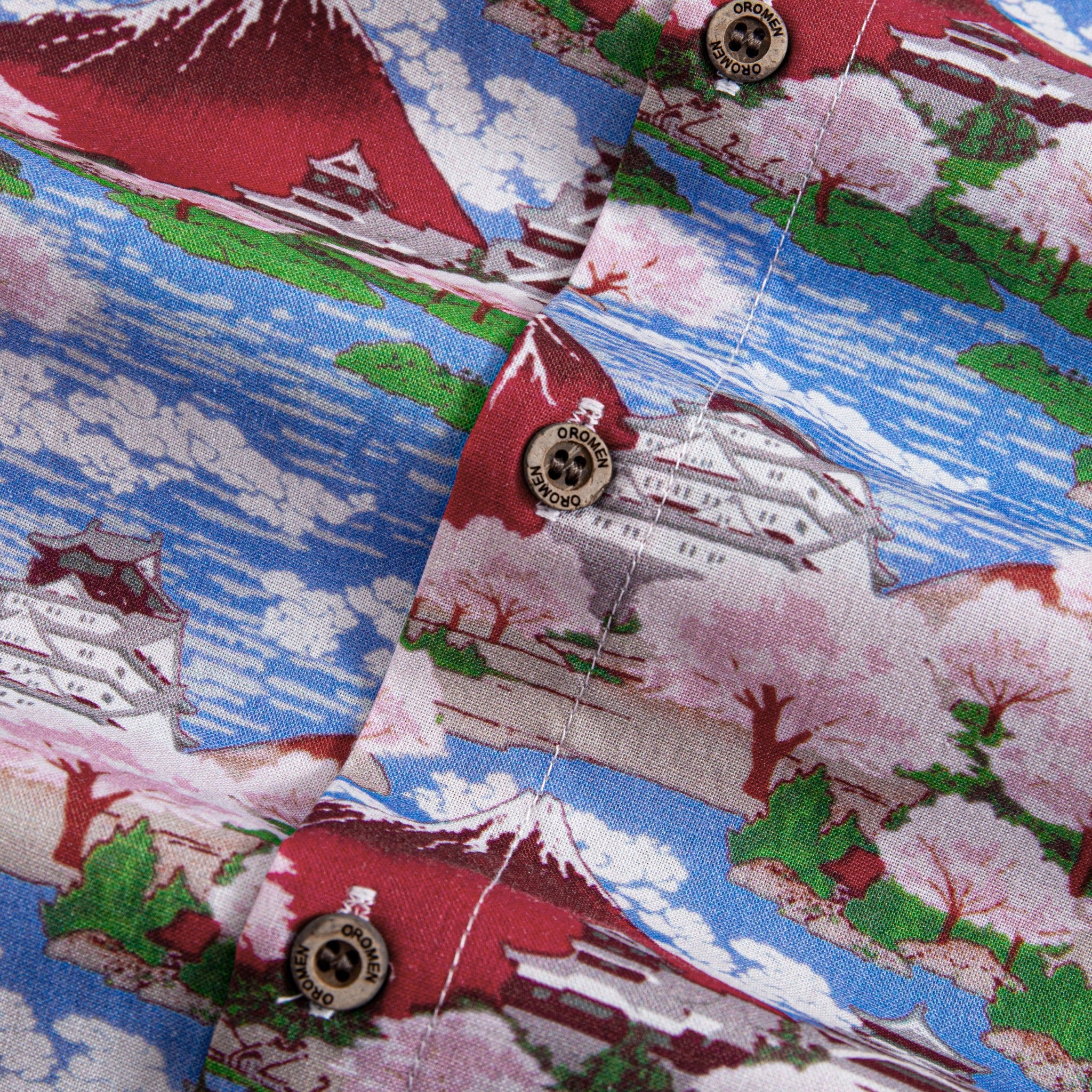 Traditional Japanese Ukiyo-e art pattern with Mount Fuji castle and waterways on cotton fabrics
