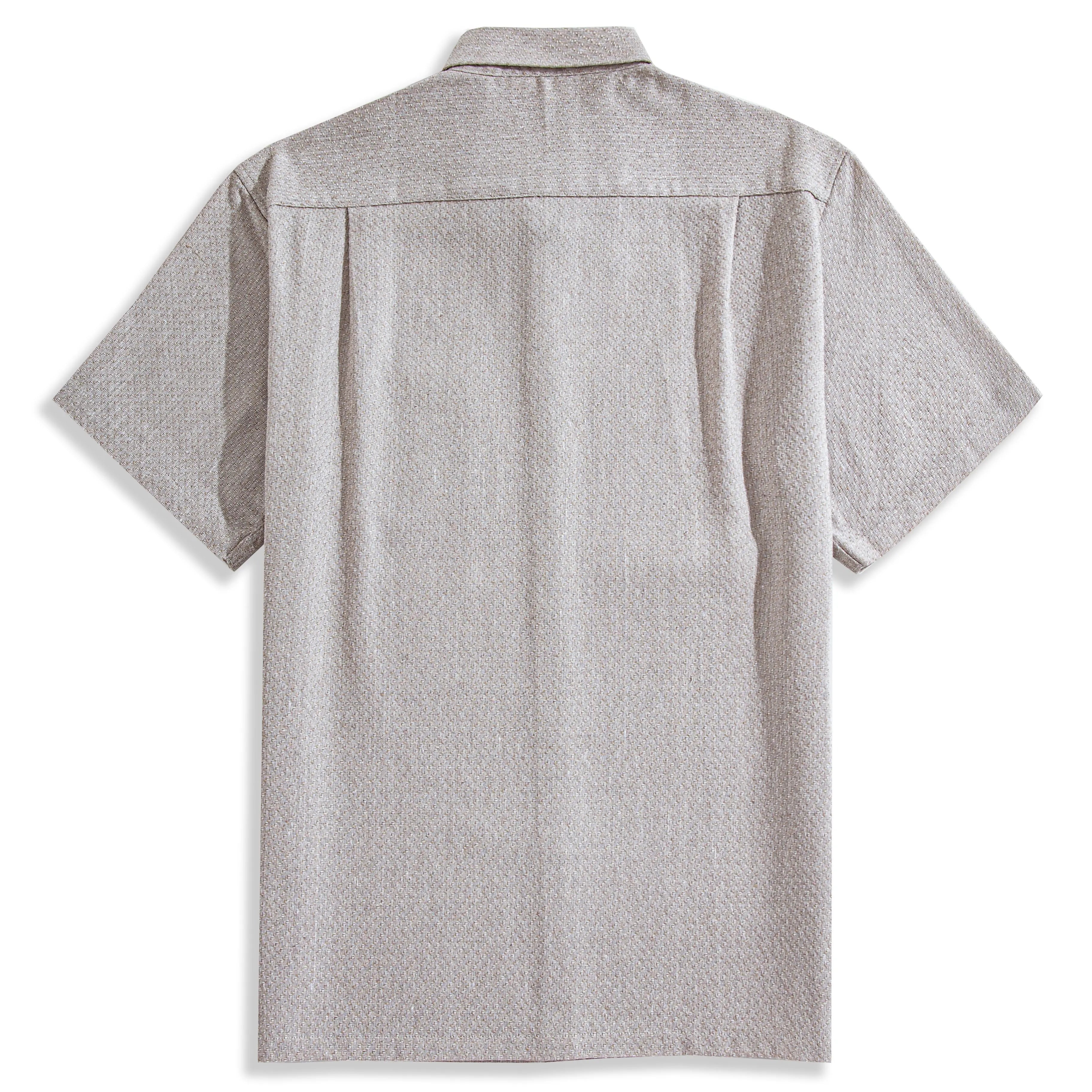 Two-tone woven shirt back view - beige white box pleat and side vent detail