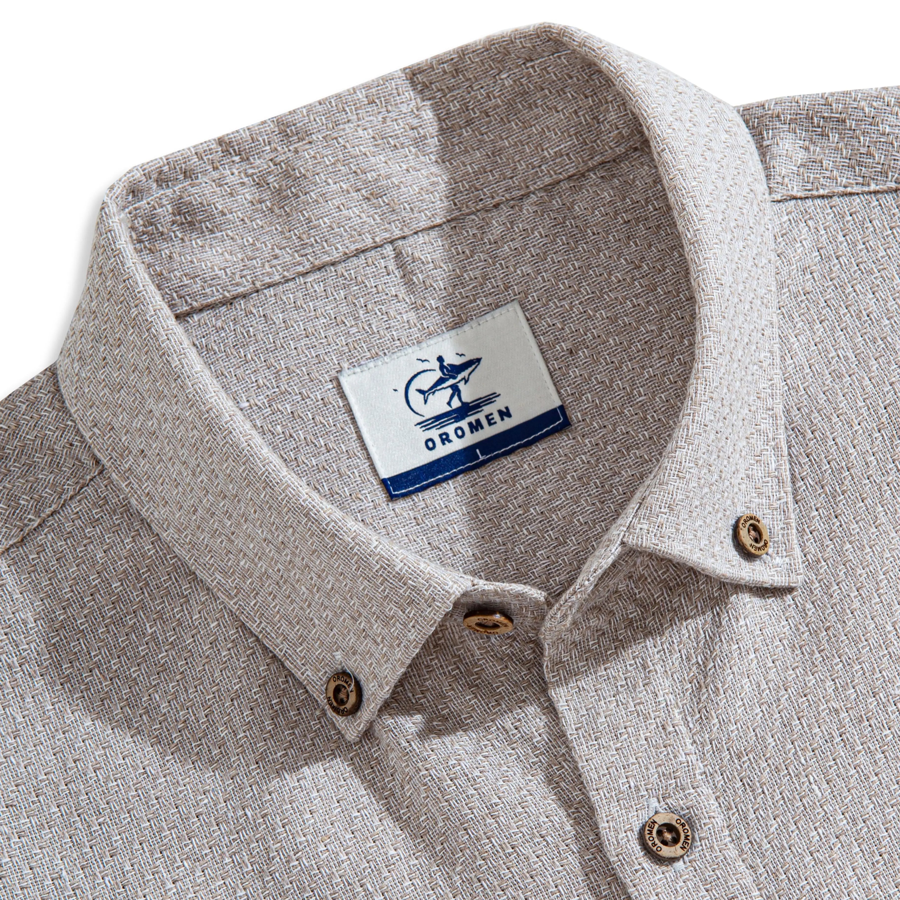 Two-tone woven shirt button-down collar detail - beige white cotton linen blend