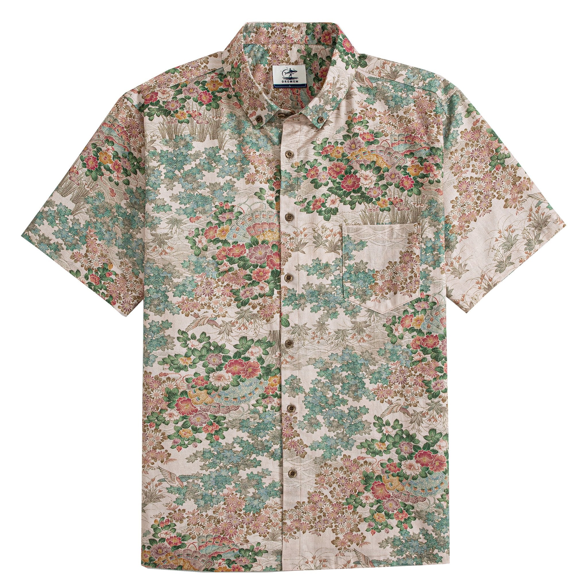 Ukiyoe Spring Scroll Hawaiian shirt with cherry blossom print - OROMEN Japanese cotton shirt