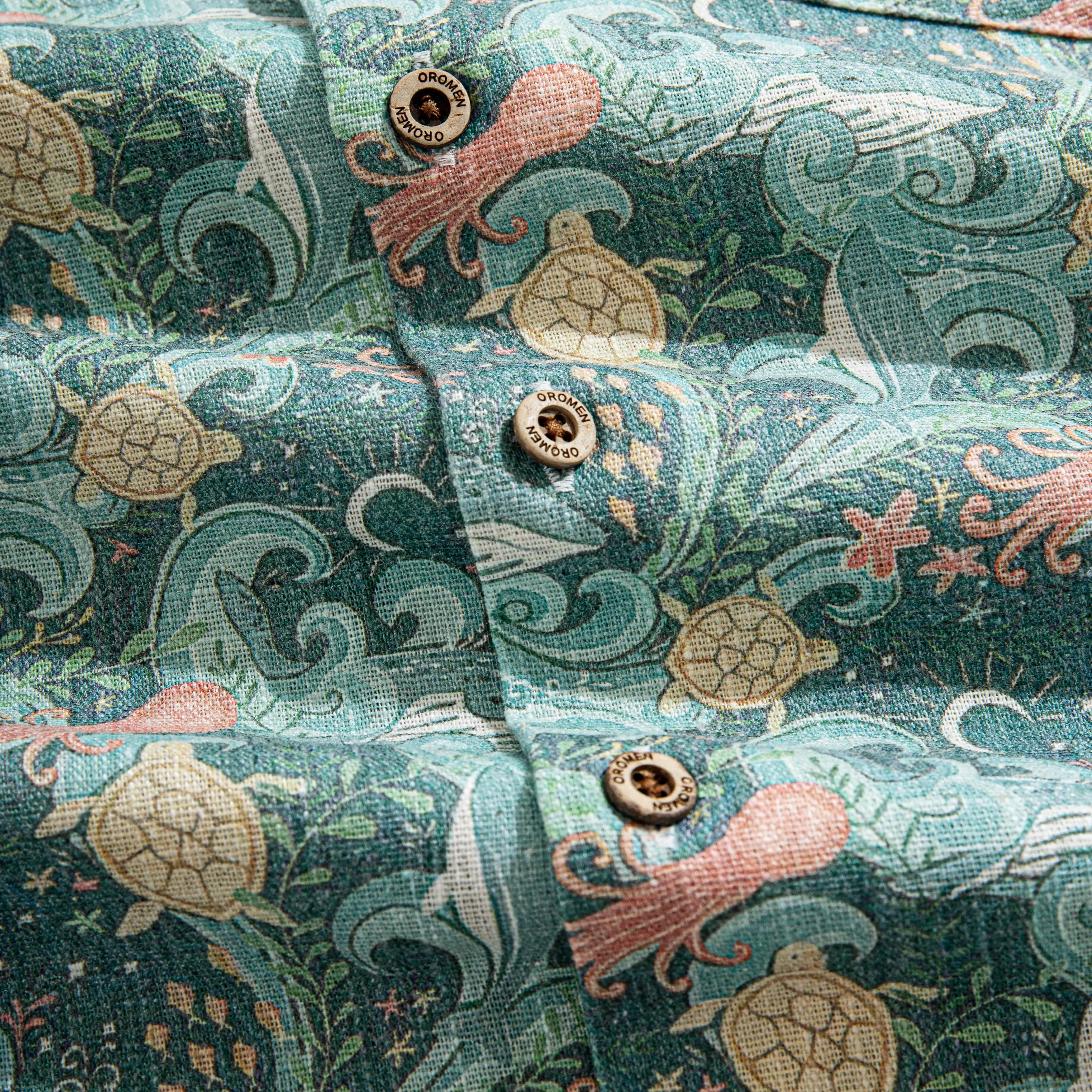 Undersea Oasis aloha shirt with natural coconut buttons and ocean print