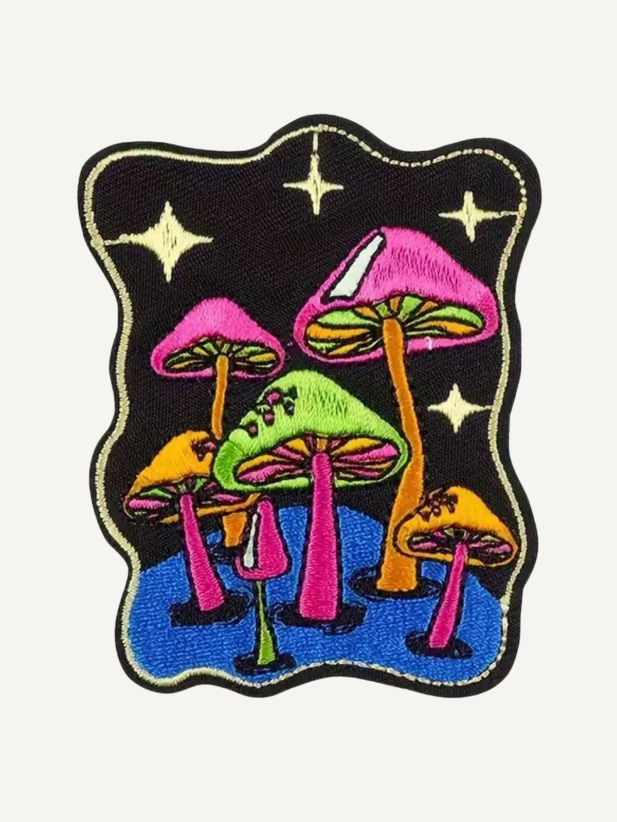 Vibrant psychedelic mushroom embroidery artwork on OROMEN T-shirt