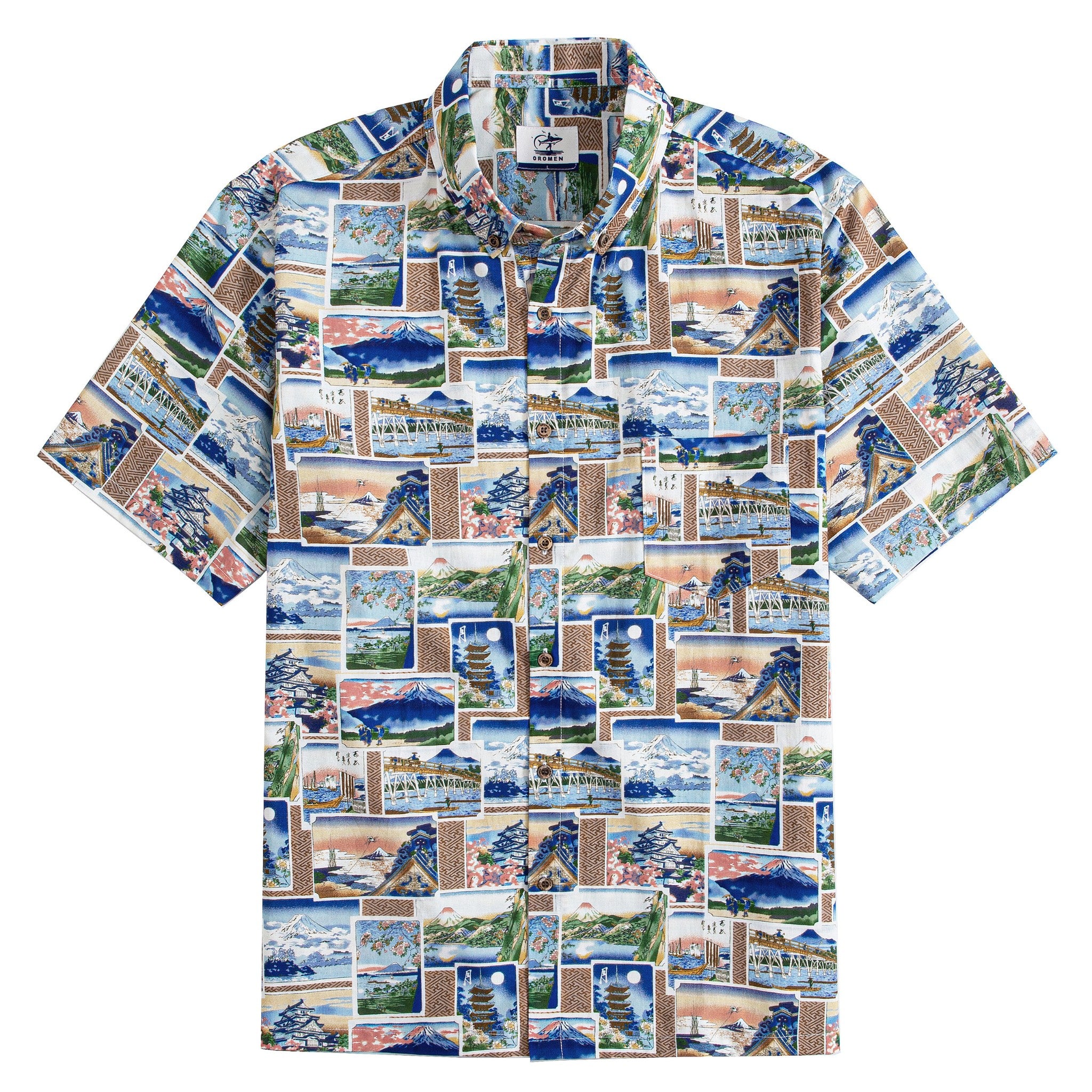 Vintage Japanese postcard collage aloha shirt featuring Mount Fuji pagodas and cherry blossoms