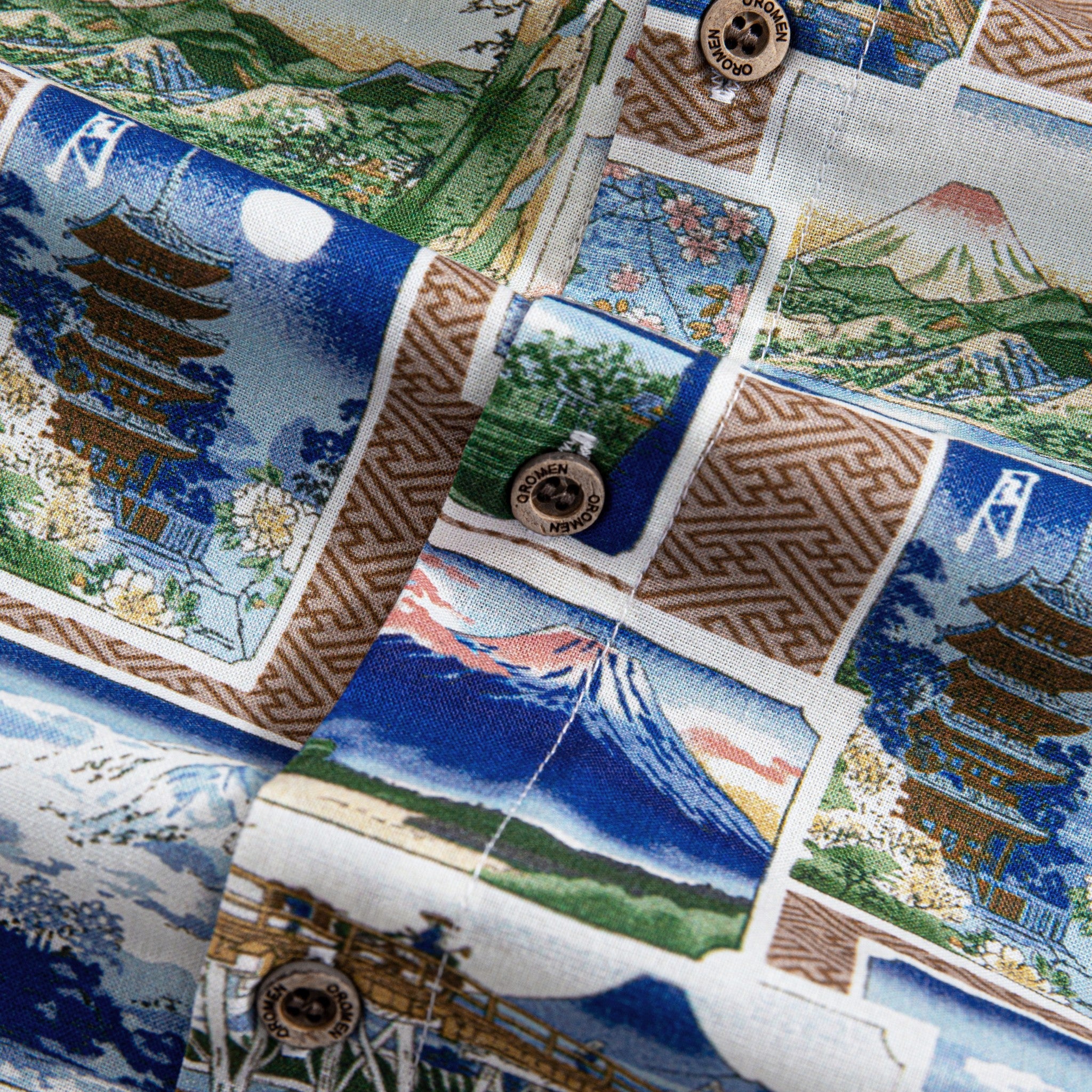 Vintage Japanese postcard frames with Mount Fuji cherry blossoms and traditional bridges