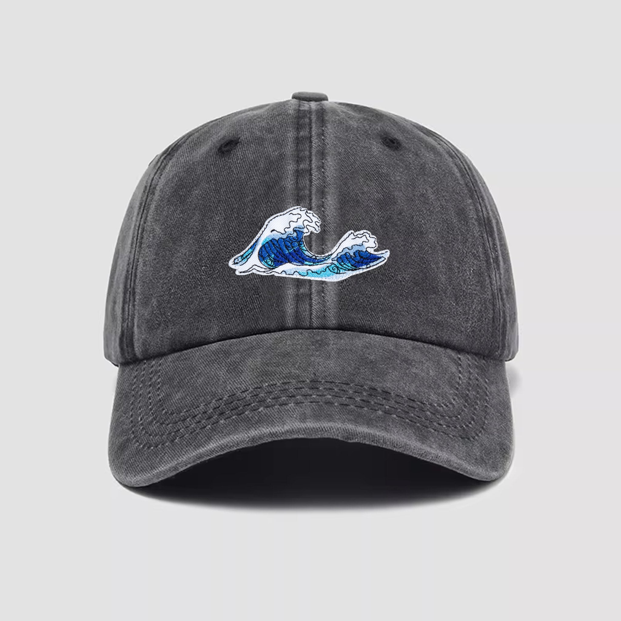 Washed Great Wave Dad Hat in Charcoal Black - Vintage Style Cap