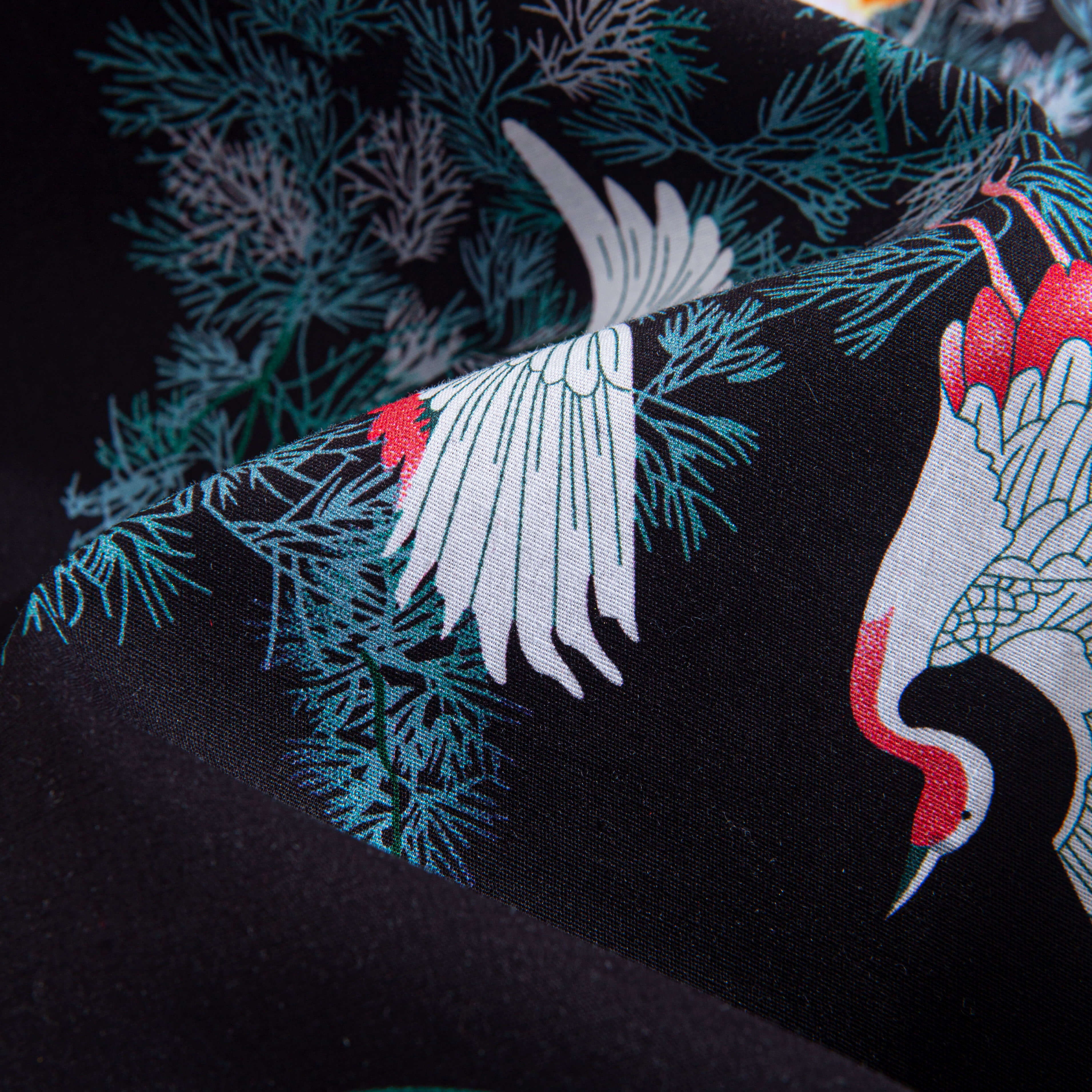 100% Cotton Fabric Close-Up - Hand-Painted Crane Ukiyo-e Print Texture Detail