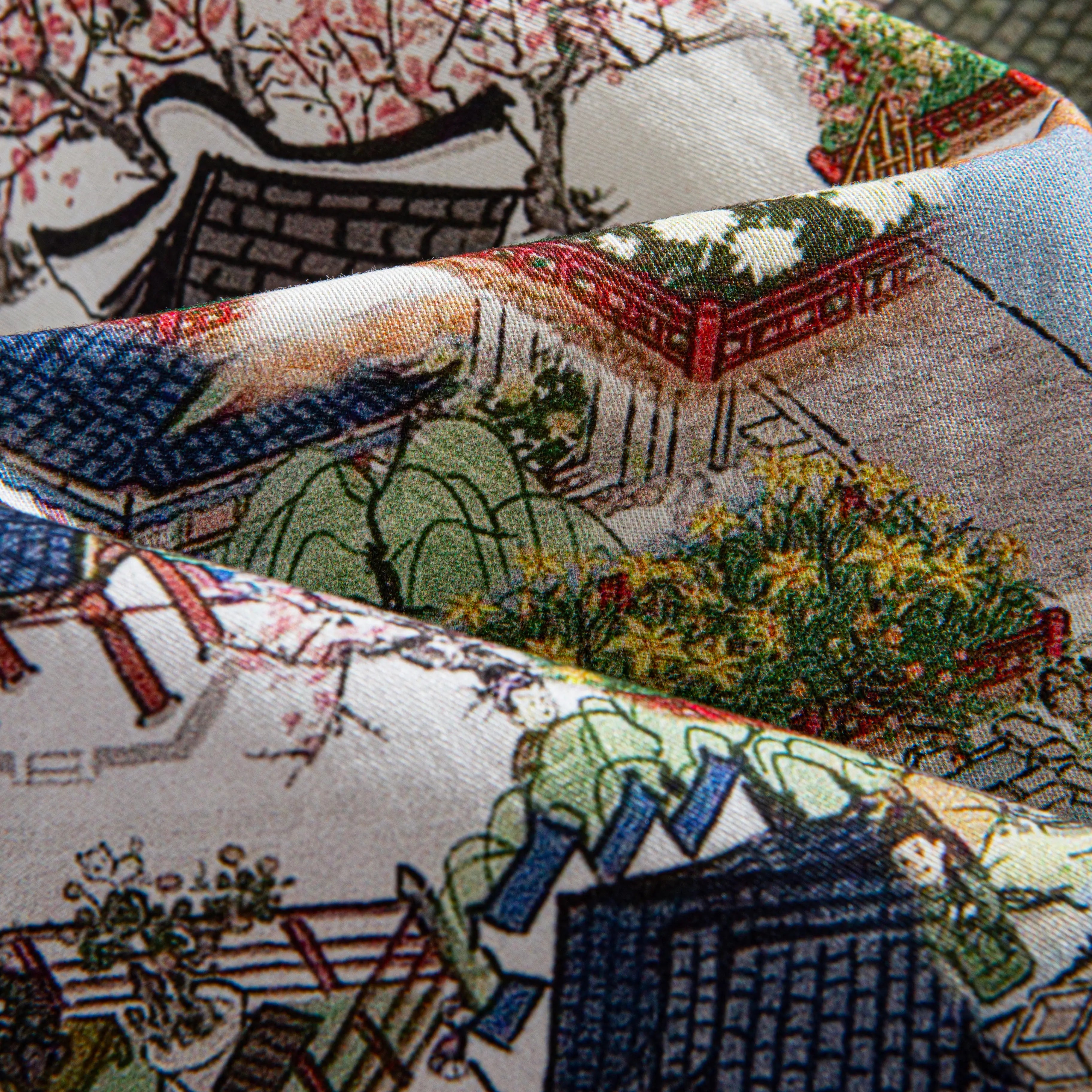 100% cotton fabric close-up with hand-painted Chinese architecture motifs