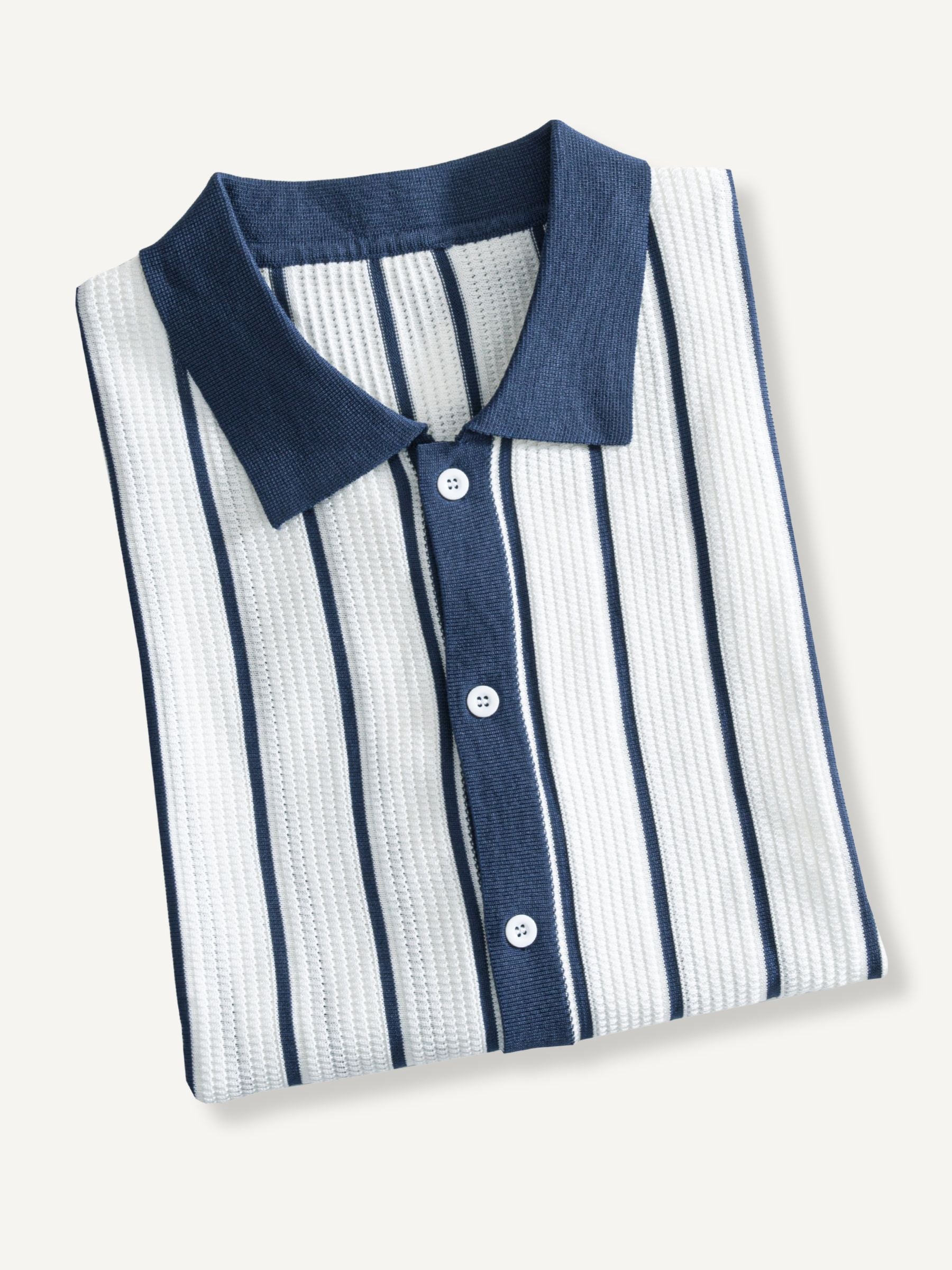 OROMEN Men's Ice Silk Vertical Stripe Knit Polo Shirt - Navy White Top