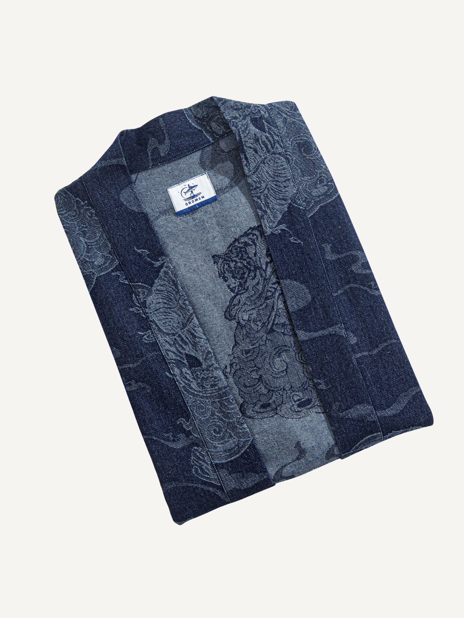 OROMEN Men's Navy Ukiyo-e Tiger Kimono Jacket - Handmade Cotton
