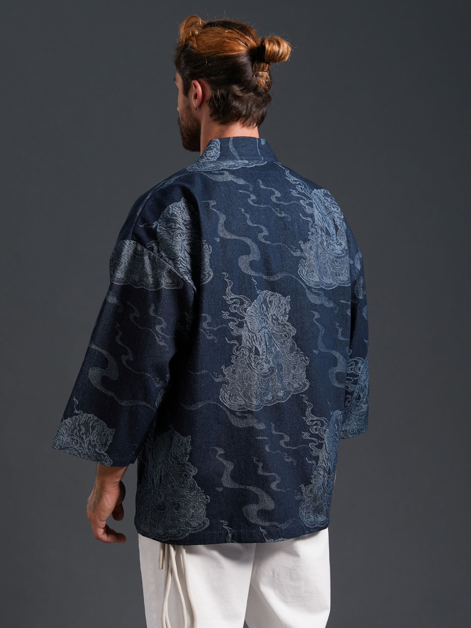 OROMEN Men's Navy Ukiyo-e Tiger Kimono Jacket - Handmade Cotton