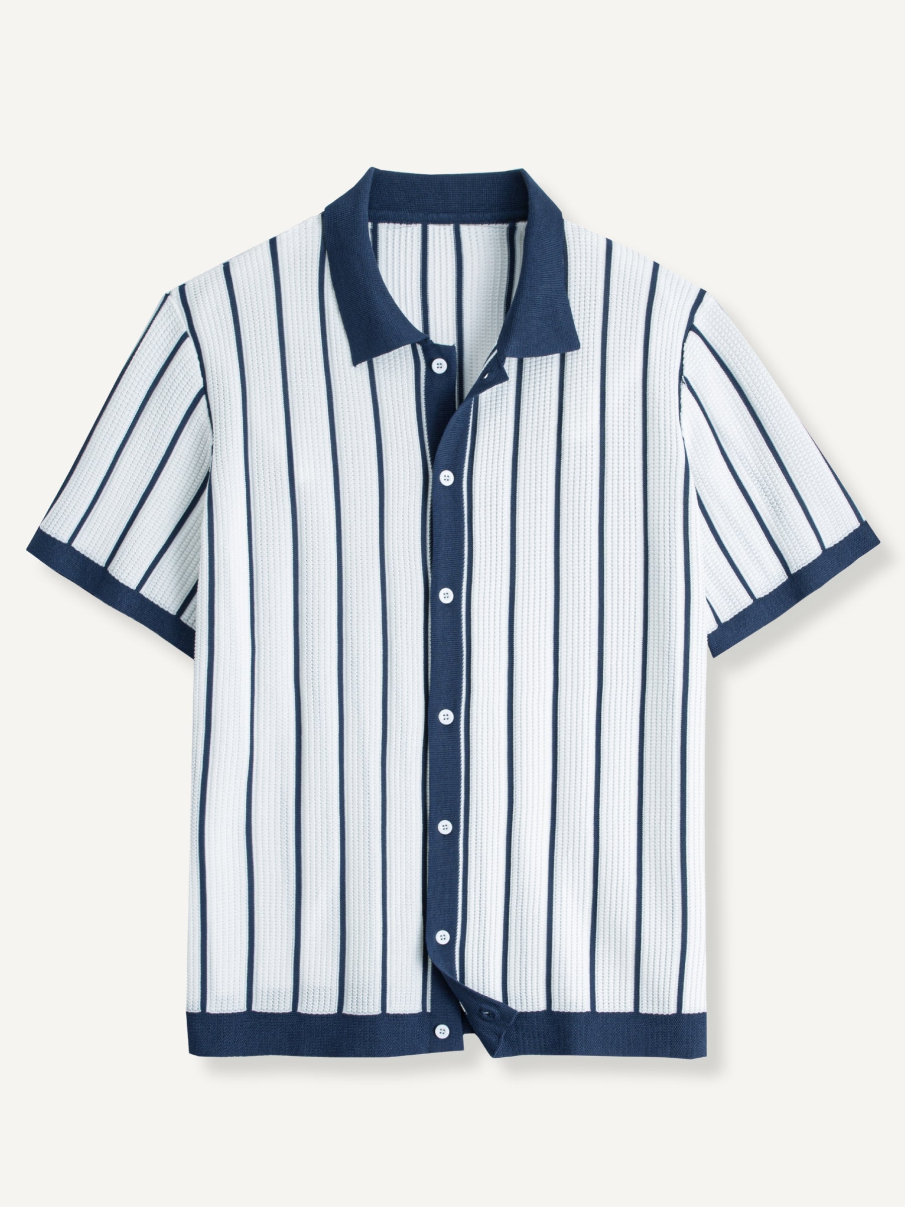 OROMEN Men's Ice Silk Vertical Stripe Knit Polo Shirt - Navy White Top