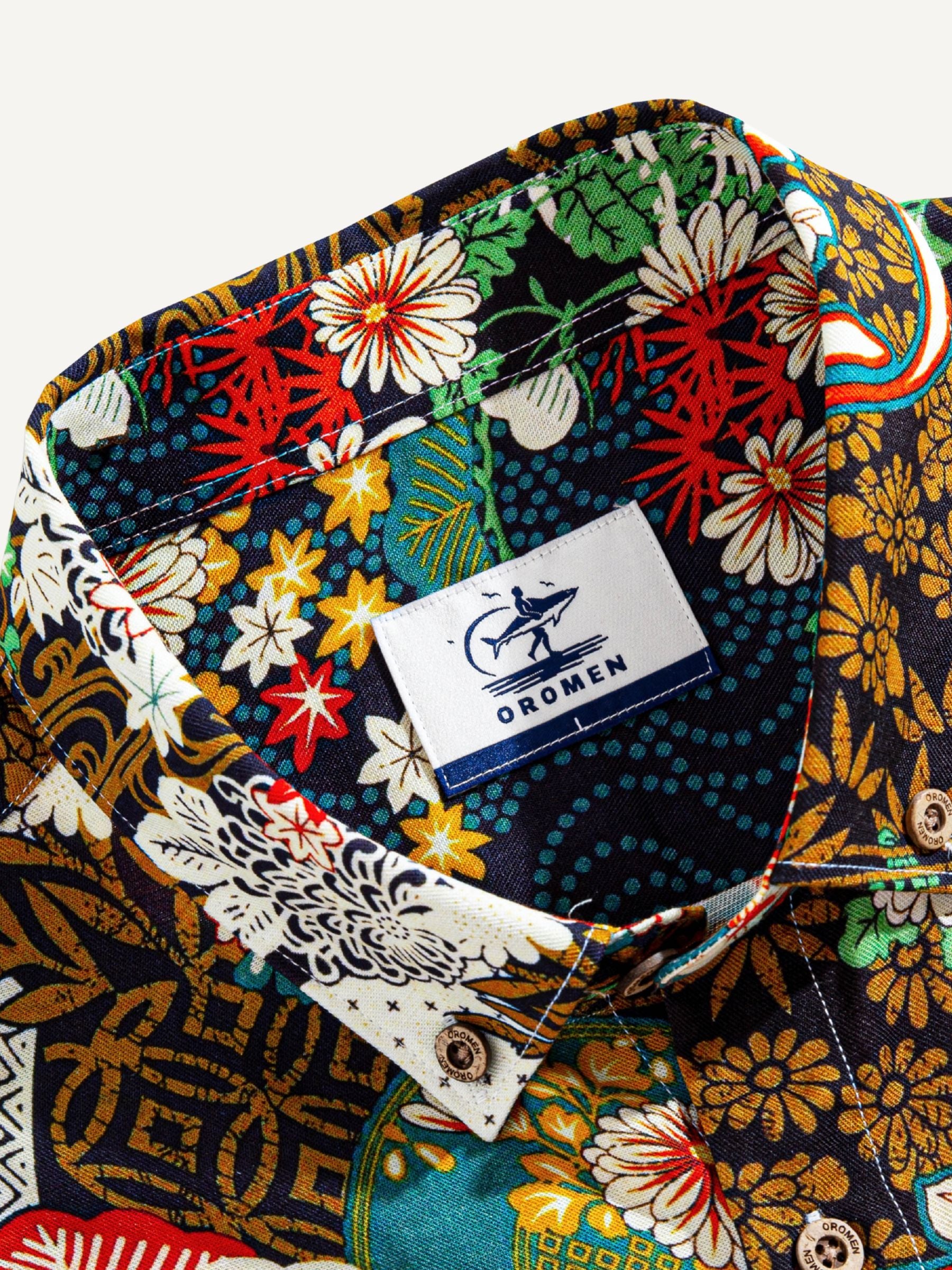 OROMEN Men's Lyocell Linen Shirt - Ukiyoe Japanese Cherry Blossoms