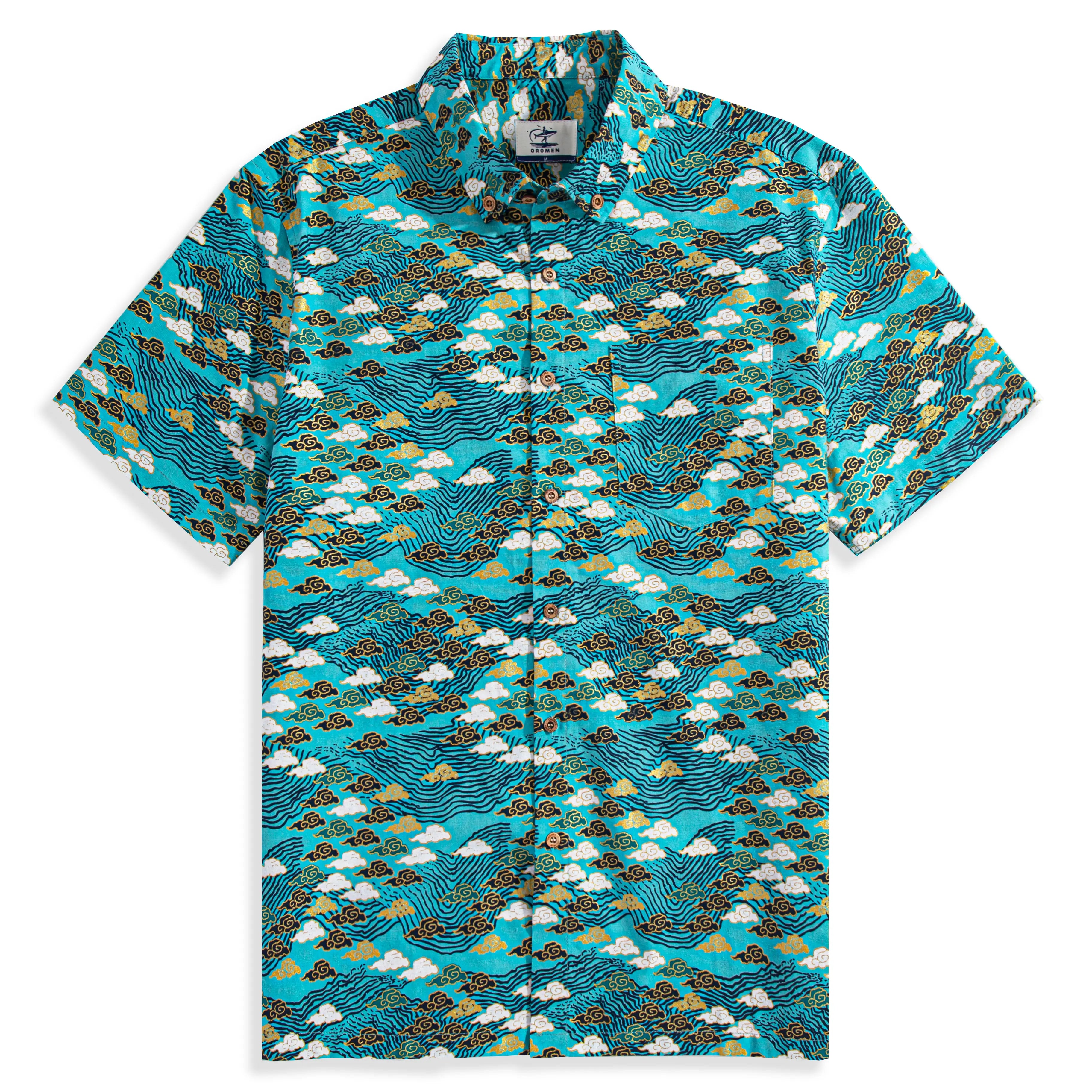 Auspicious Clouds Japanese Ukiyo-e Aloha Shirt in Green - OROMEN Premium Cotton