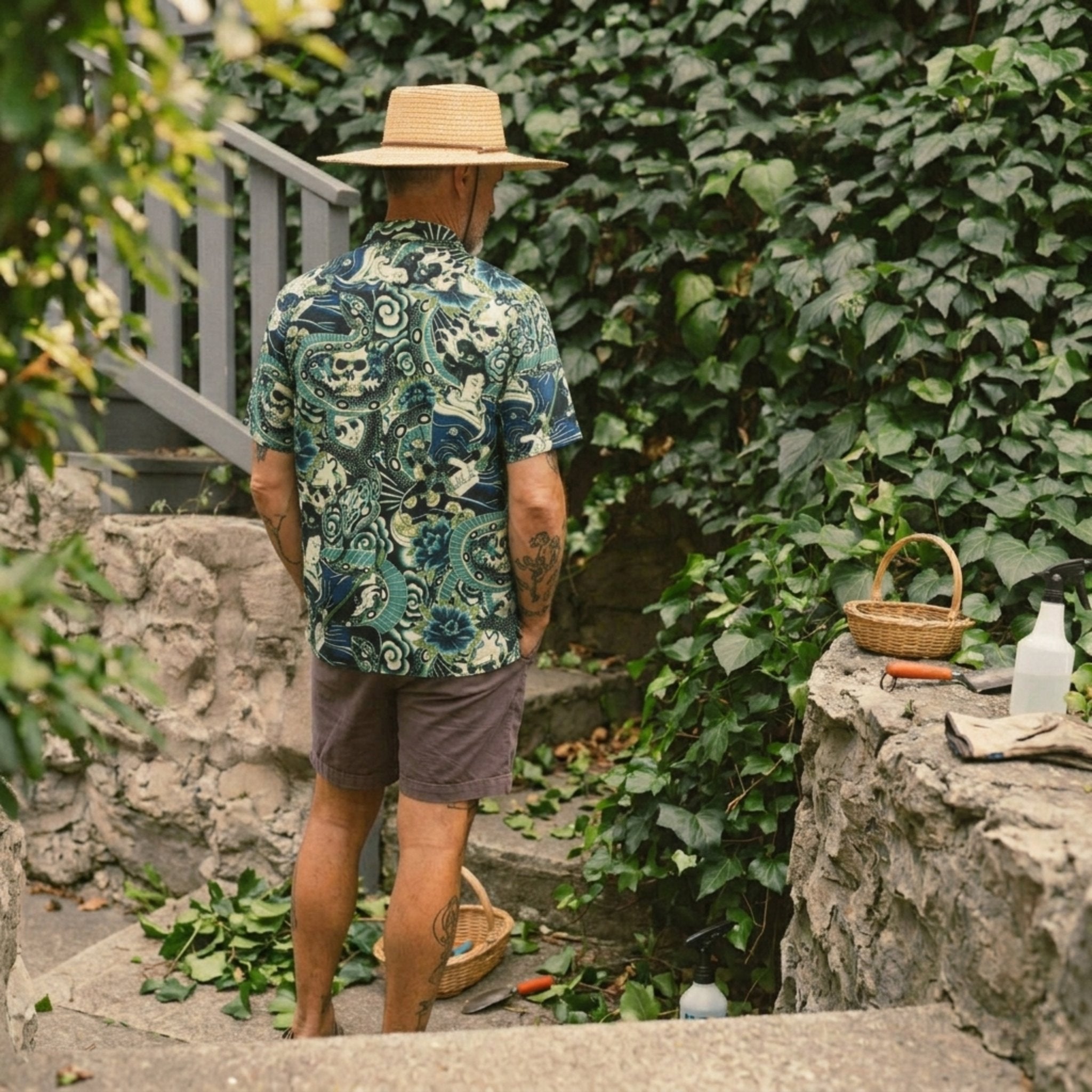 Back Model in Wearing Geisha Skull Snake Short Sleeve Shirt