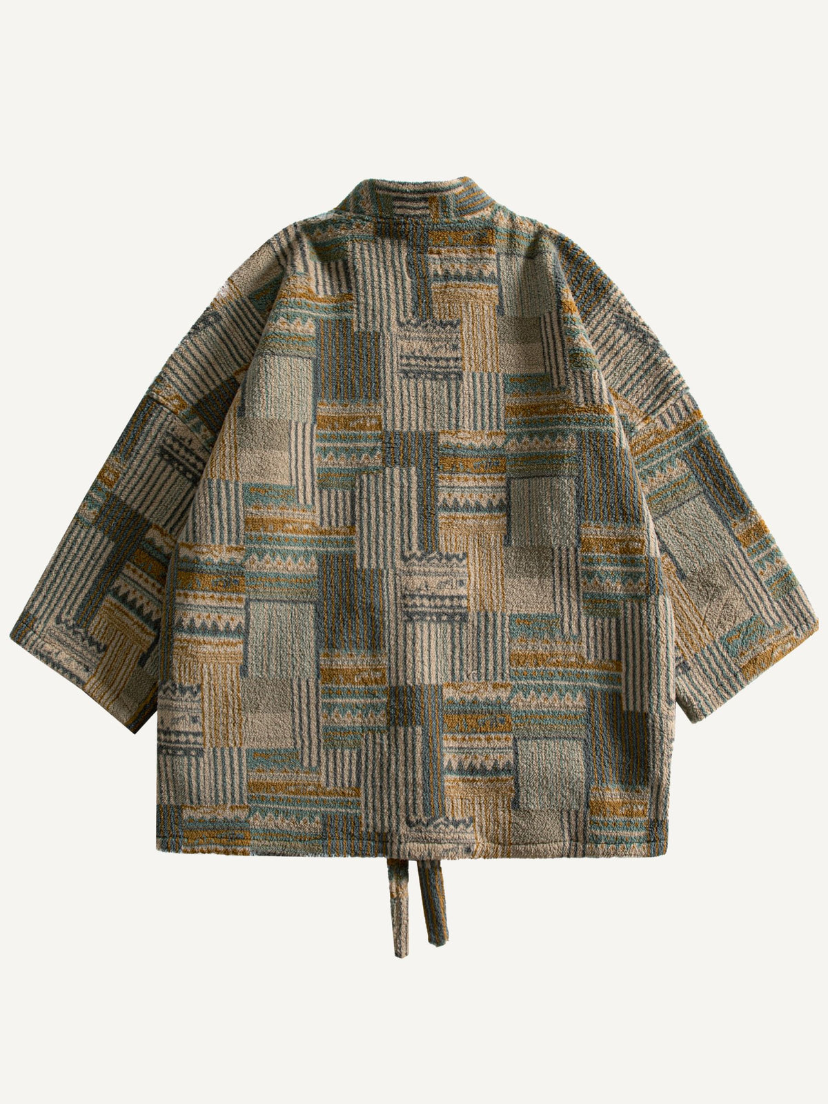 Back flat lay of OROMEN architectural mosaic print haori kimono jacket