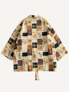 Back flat lay of OROMEN beige 100% cotton vintage patchwork floral kimono jacket