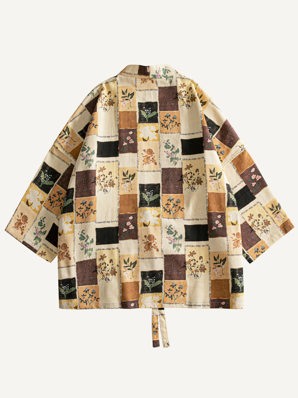 Back flat lay of OROMEN beige 100% cotton vintage patchwork floral kimono jacket