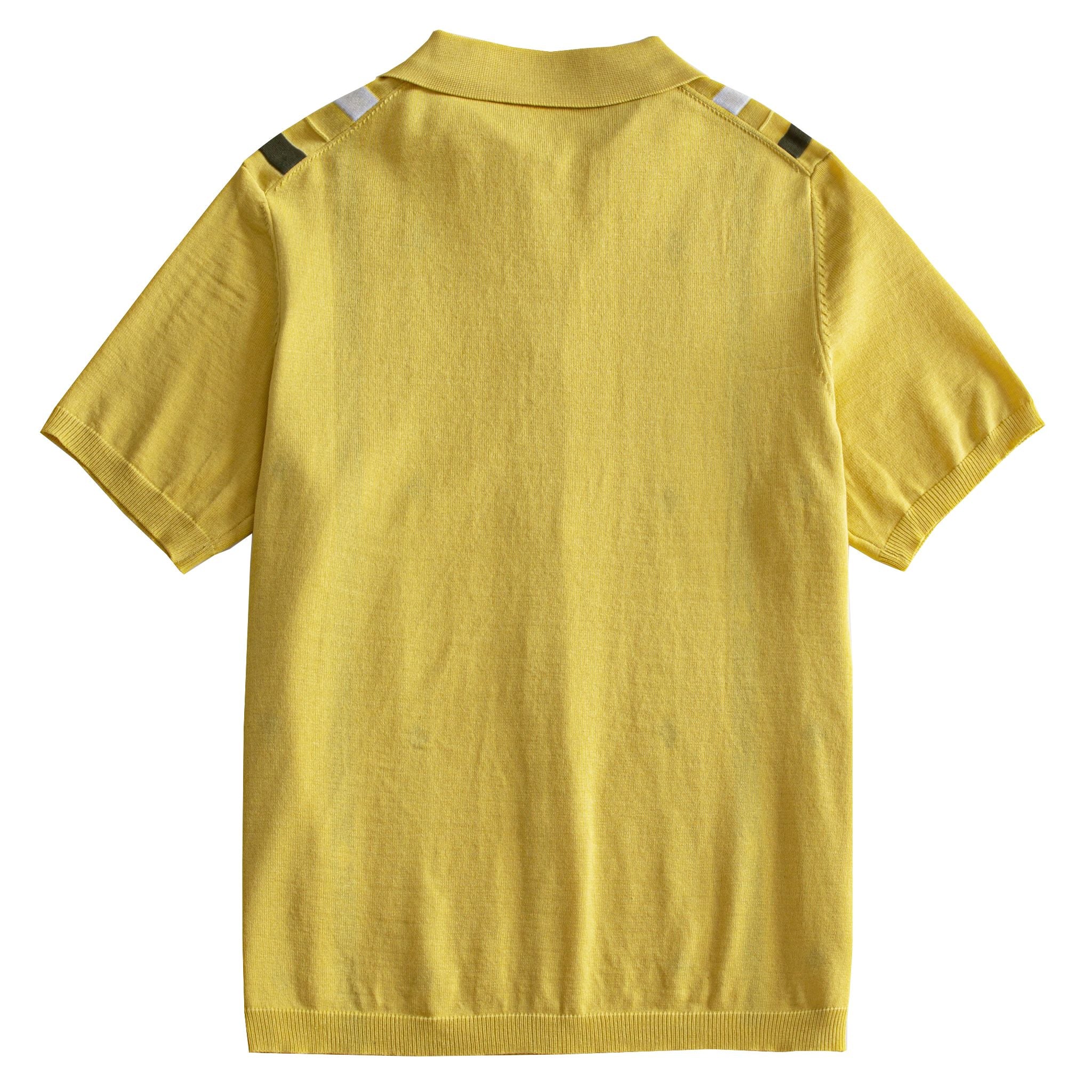 Back flat lay of men's yellow retro stripe diamond jacquard knit shirt on white background – OROMEN