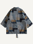 Back flat lay view of Indigo Asanoha Patchwork Haori Jacket displaying allover traditional Japanese patchwork design